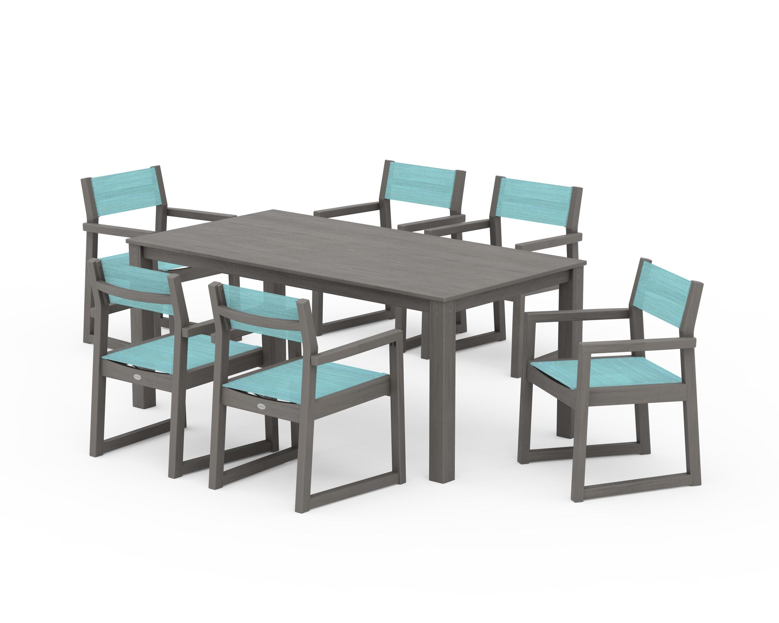 EDGE Sling Arm Chair 7-Piece Parsons Dining Set in Driftwood / Dupioni Aquamarine Sling