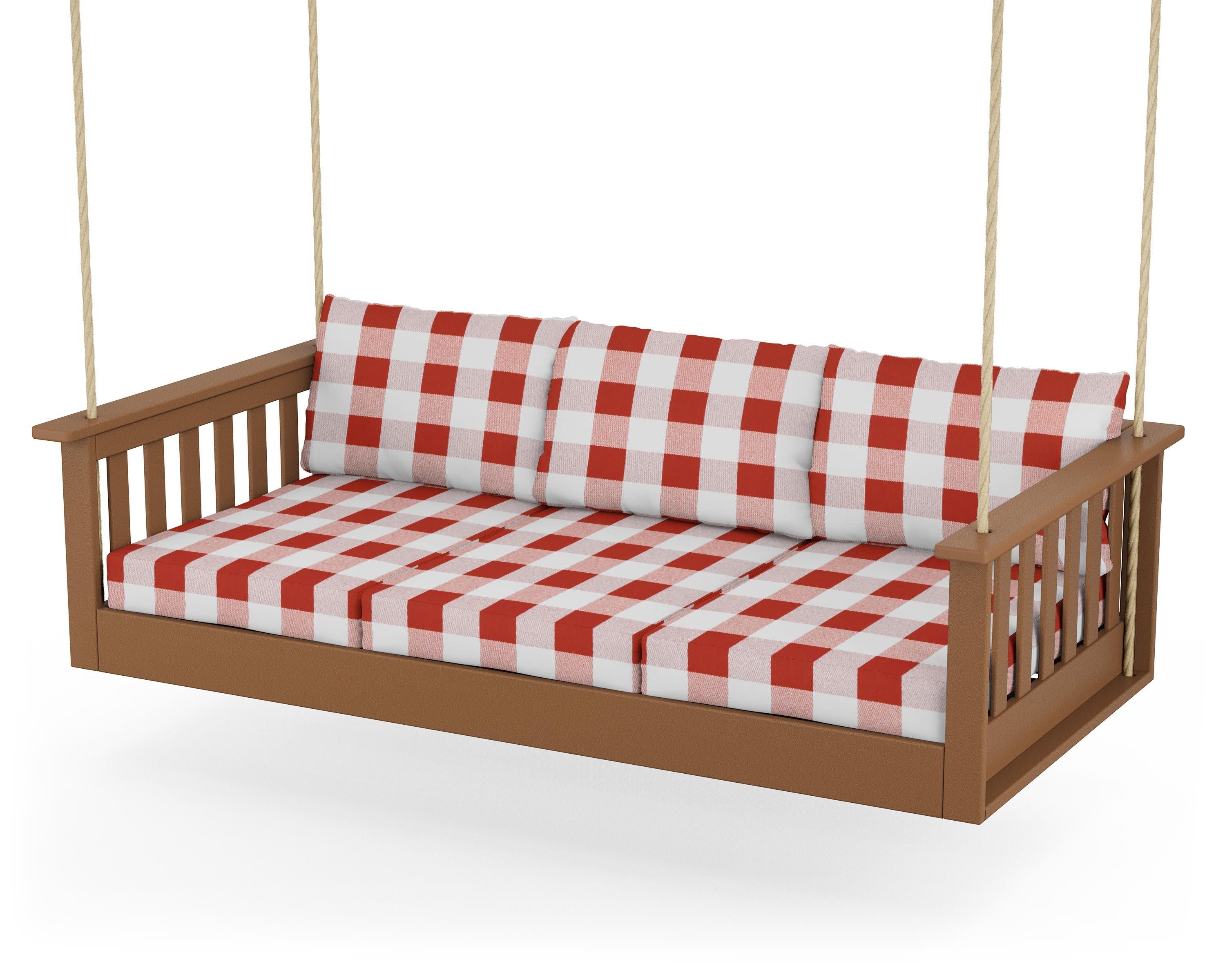 Vineyard Daybed Swing in Teak / Buffalo Plaid Crimson