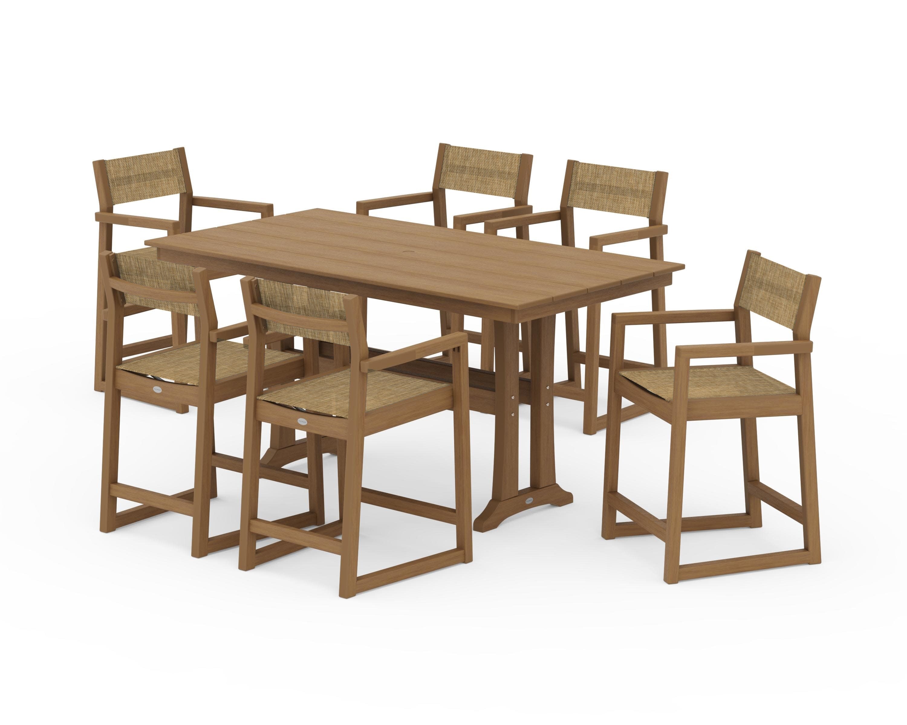 EDGE Sling Arm Chair 7-Piece Farmhouse Counter Set with Trestle Legs in Natural / Burlap Sling