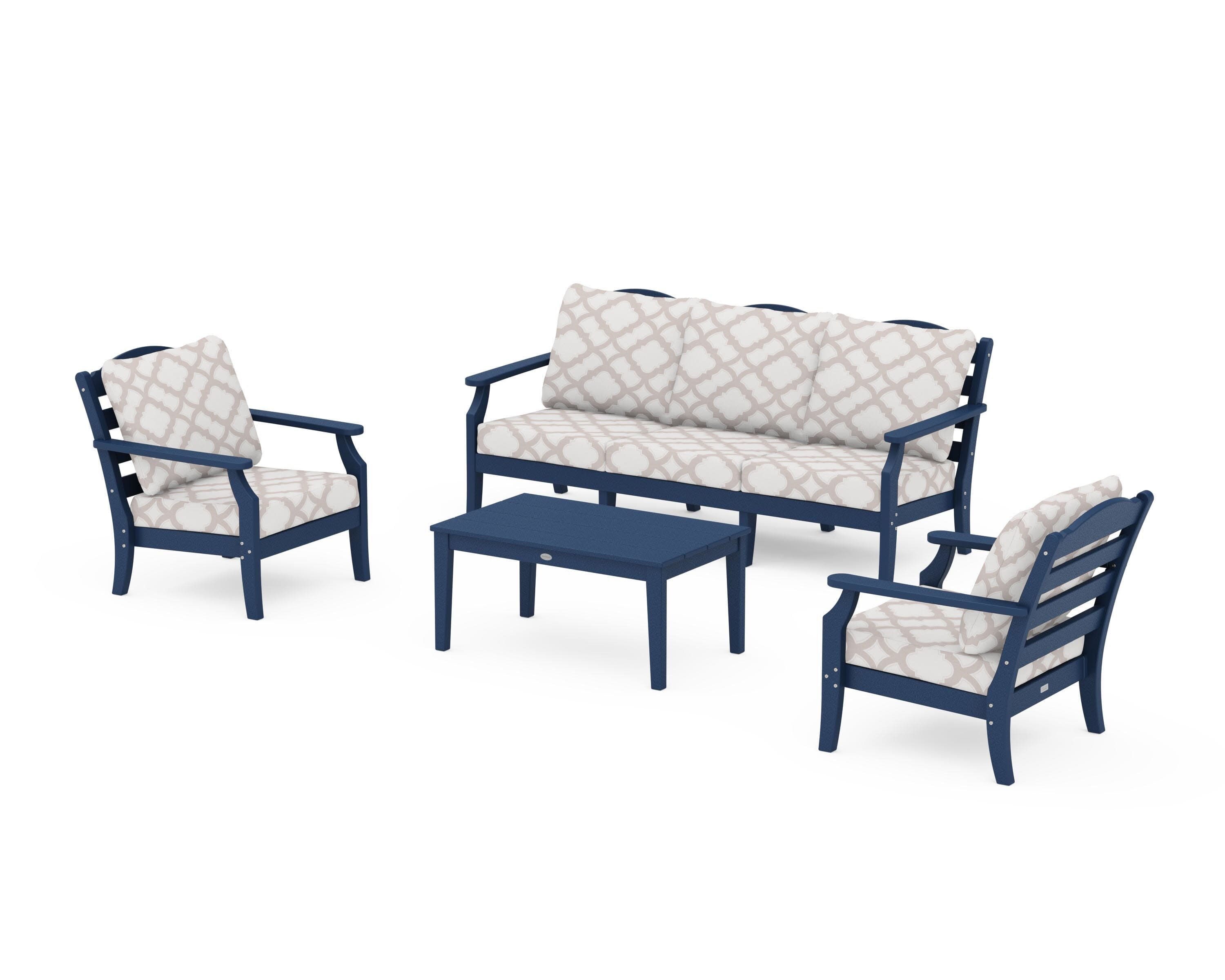 Savannah 4-Piece Deep Seating Set with Sofa in Navy / Trellis Dune Burlap