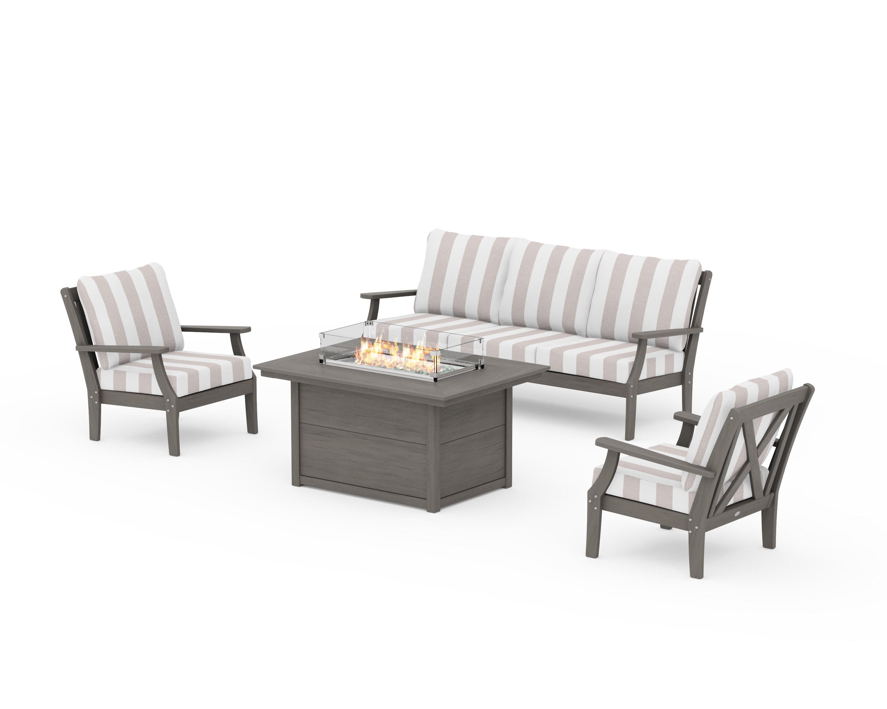 Braxton Deep Seating Fire Pit Table Set in Driftwood / Cabana Stripe Dune Burlap