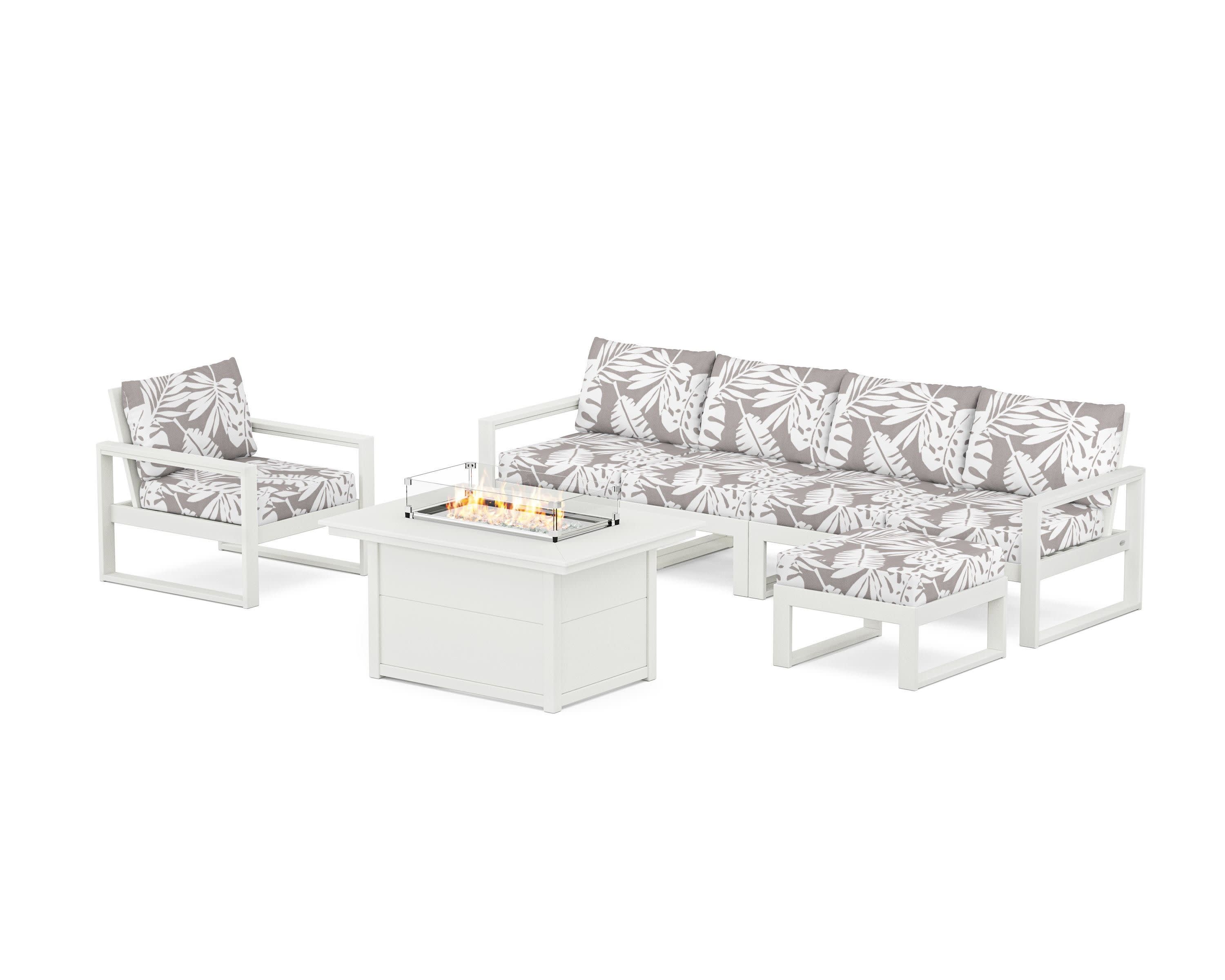 EDGE Sectional Lounge and Fire Pit Set in Vintage White / Leaf Grey Mist