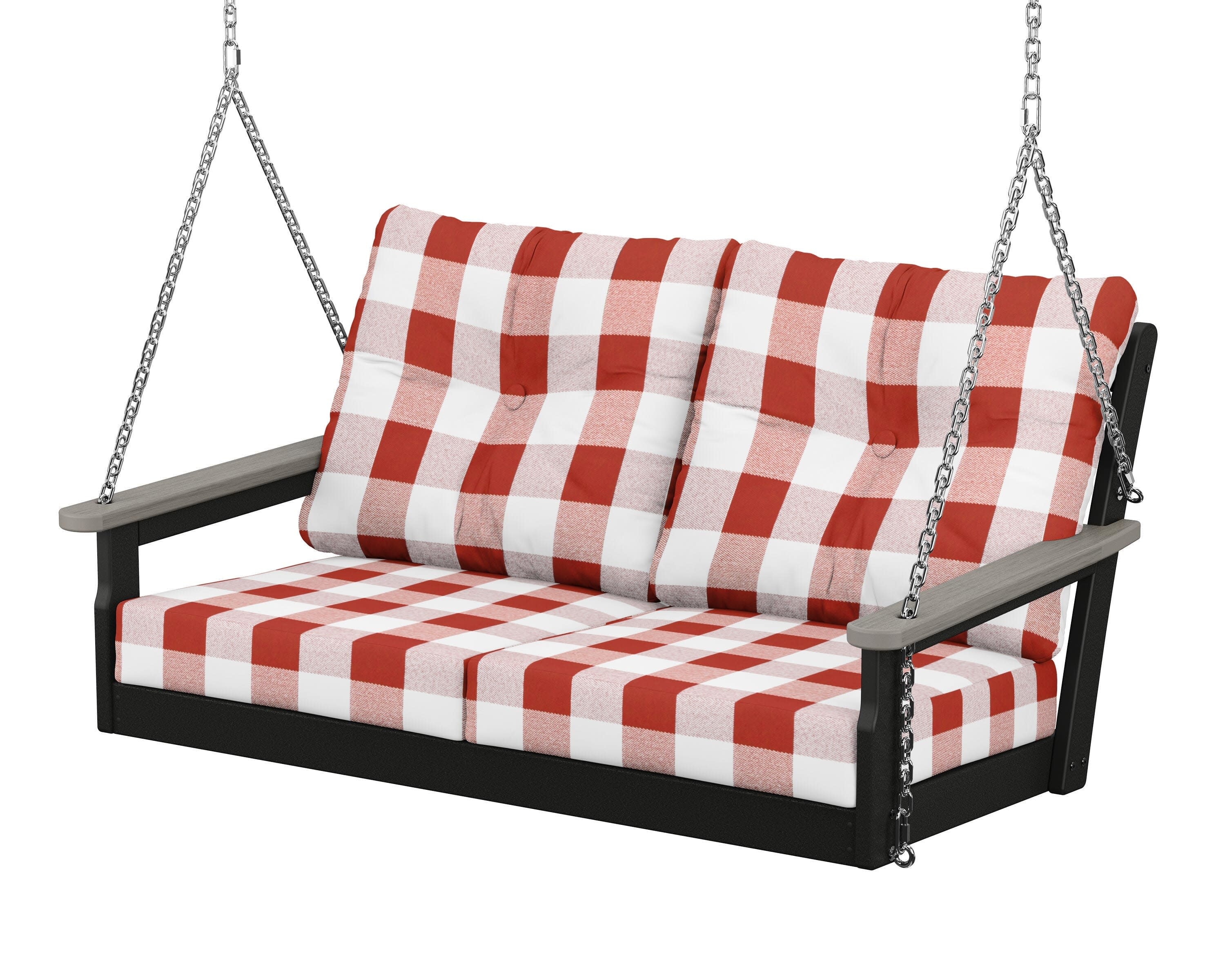 Vineyard Deep Seating Swing in Black / Driftwood / Buffalo Plaid Crimson