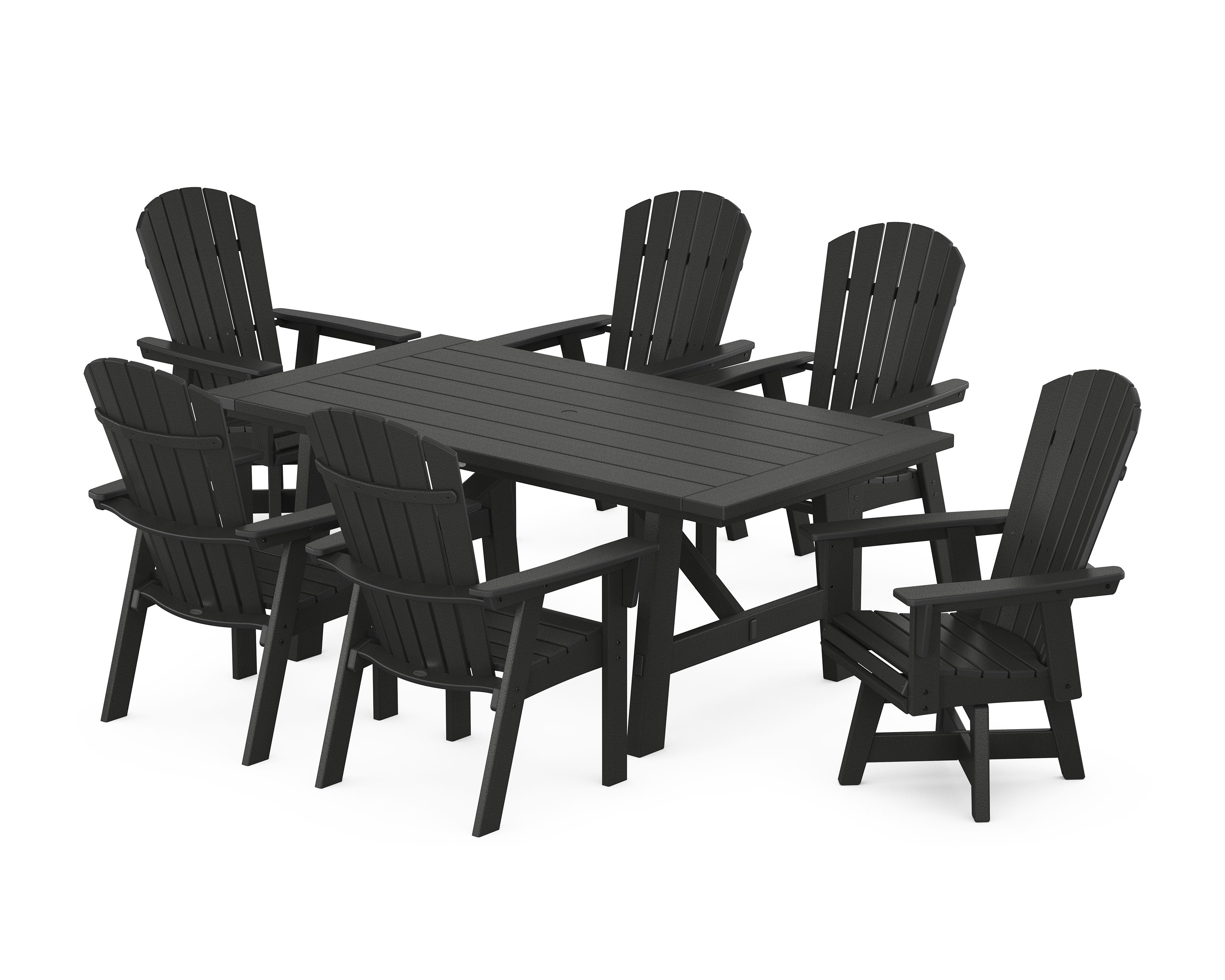 Nautical Curveback Adirondack Swivel Chair 7-Piece Rustic Farmhouse Dining Set in Black