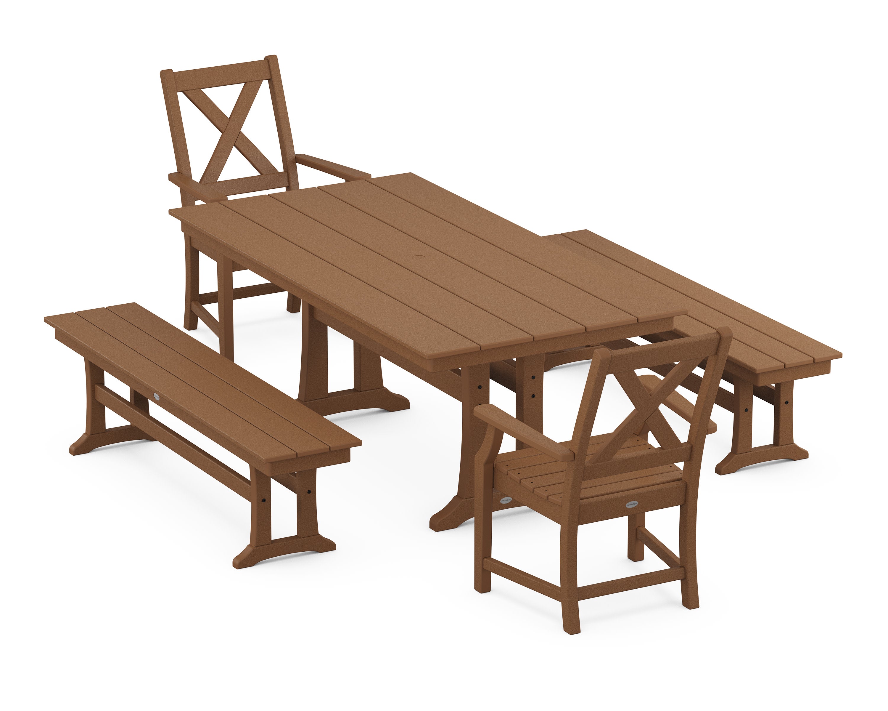 Braxton 5-Piece Farmhouse Dining Set With Trestle Legs in Teak