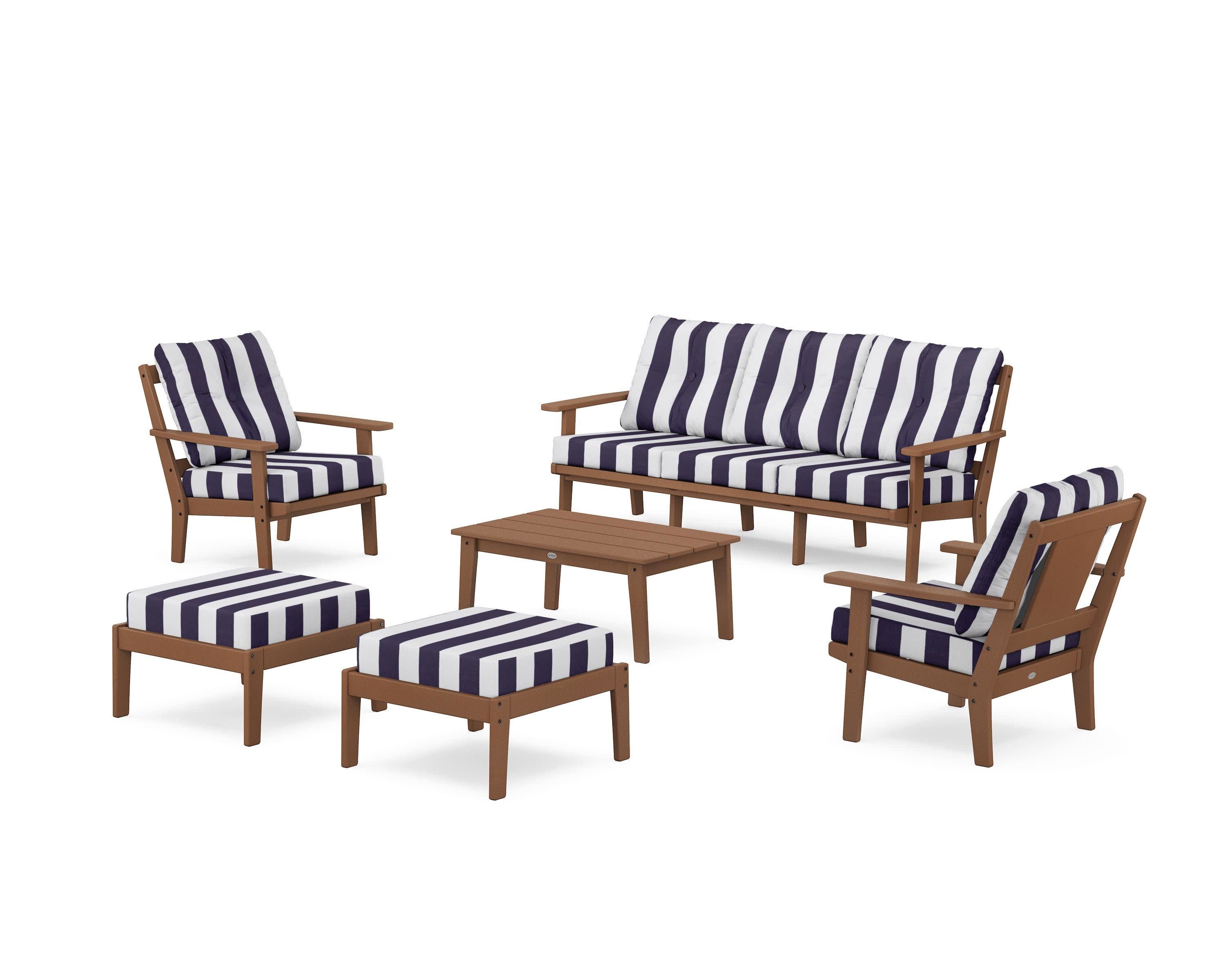 Prairie 6-Piece Lounge Sofa Set in Teak / Cabana Stripe Navy