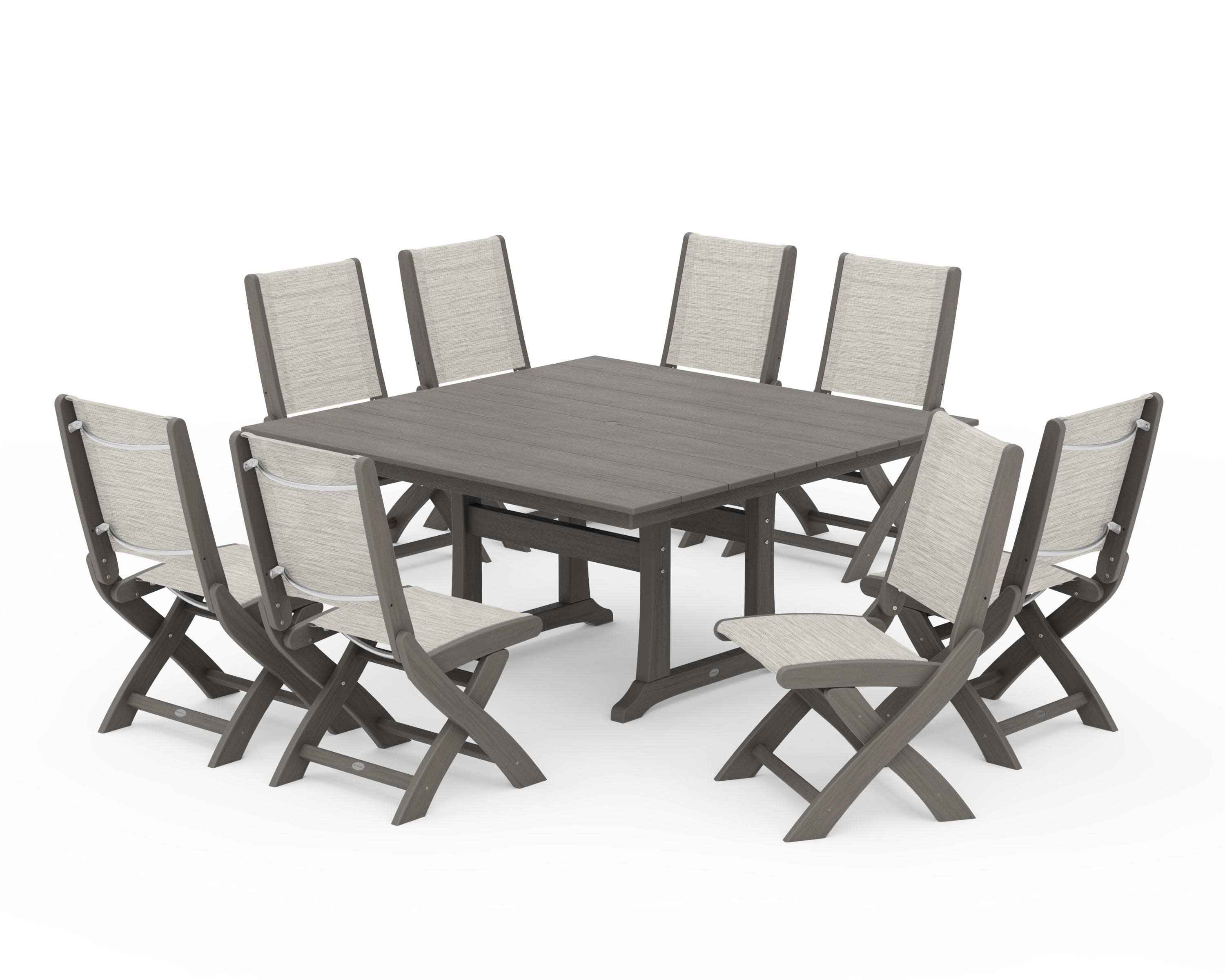 Coastal Folding Side Chair 9-Piece Farmhouse Dining Set in Driftwood / Birch Sling