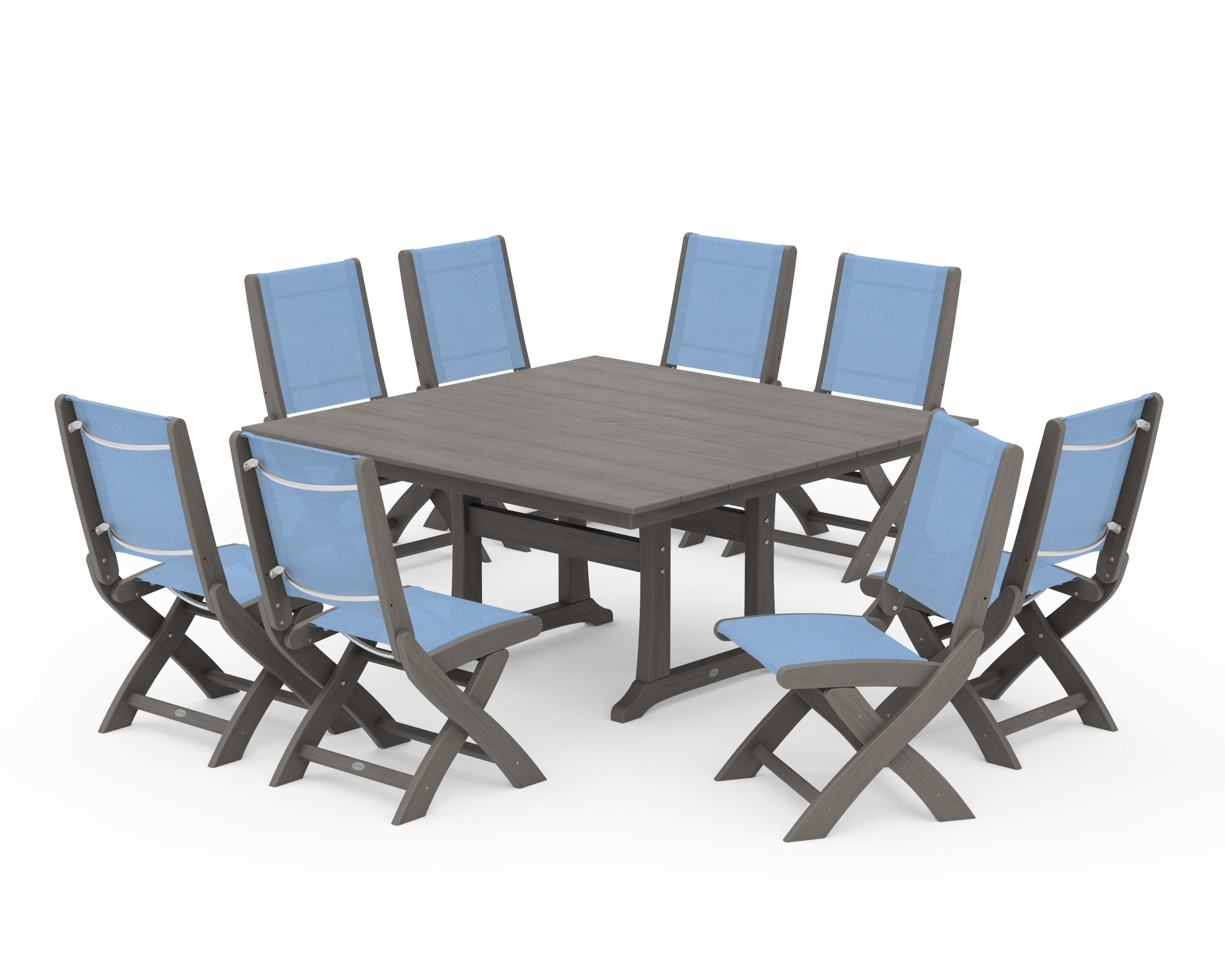 Coastal Folding Side Chair 9-Piece Farmhouse Dining Set in Driftwood / Poolside Sling
