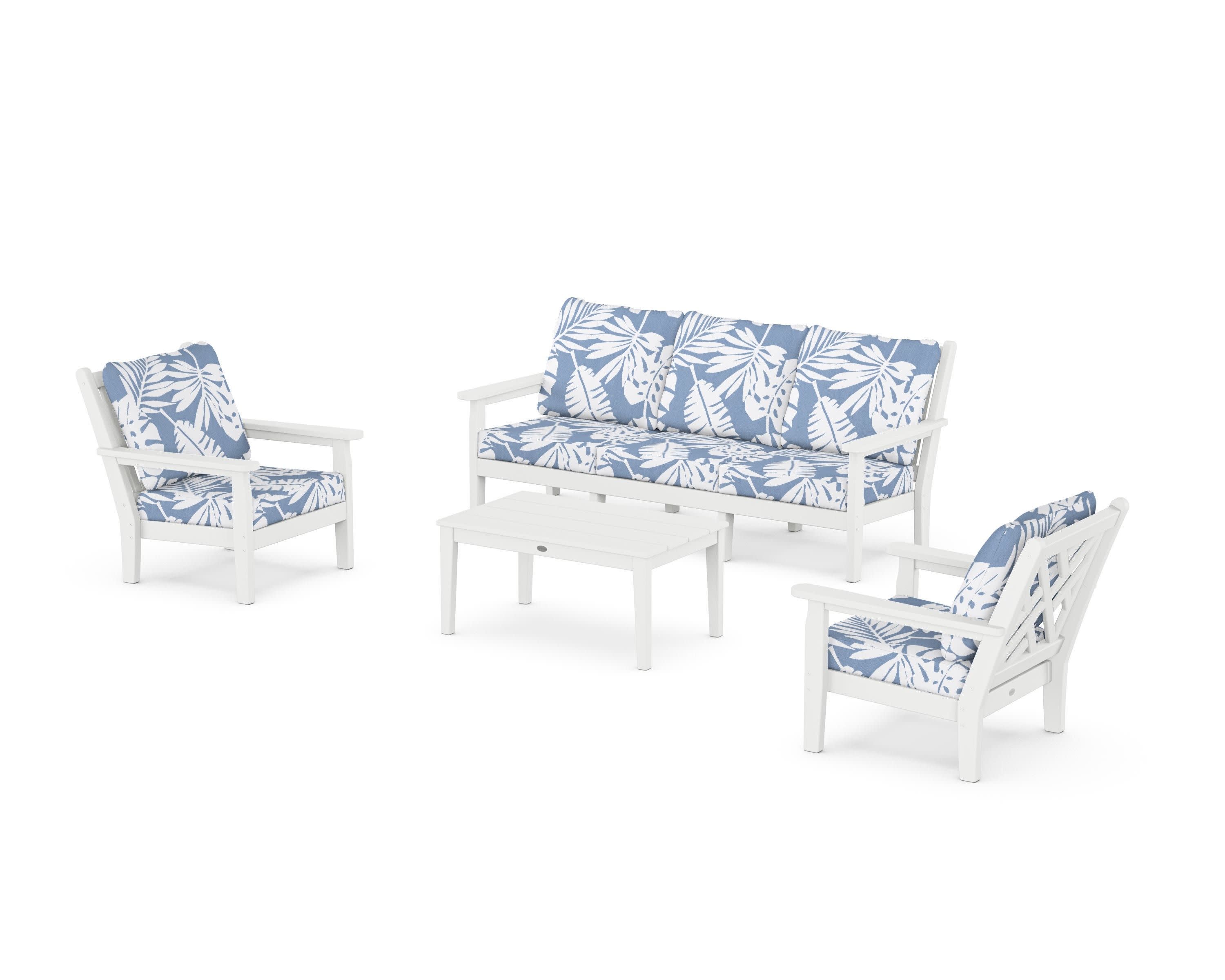 Chippendale 4-Piece Deep Seating Set with Sofa in White / Leaf Sky Blue