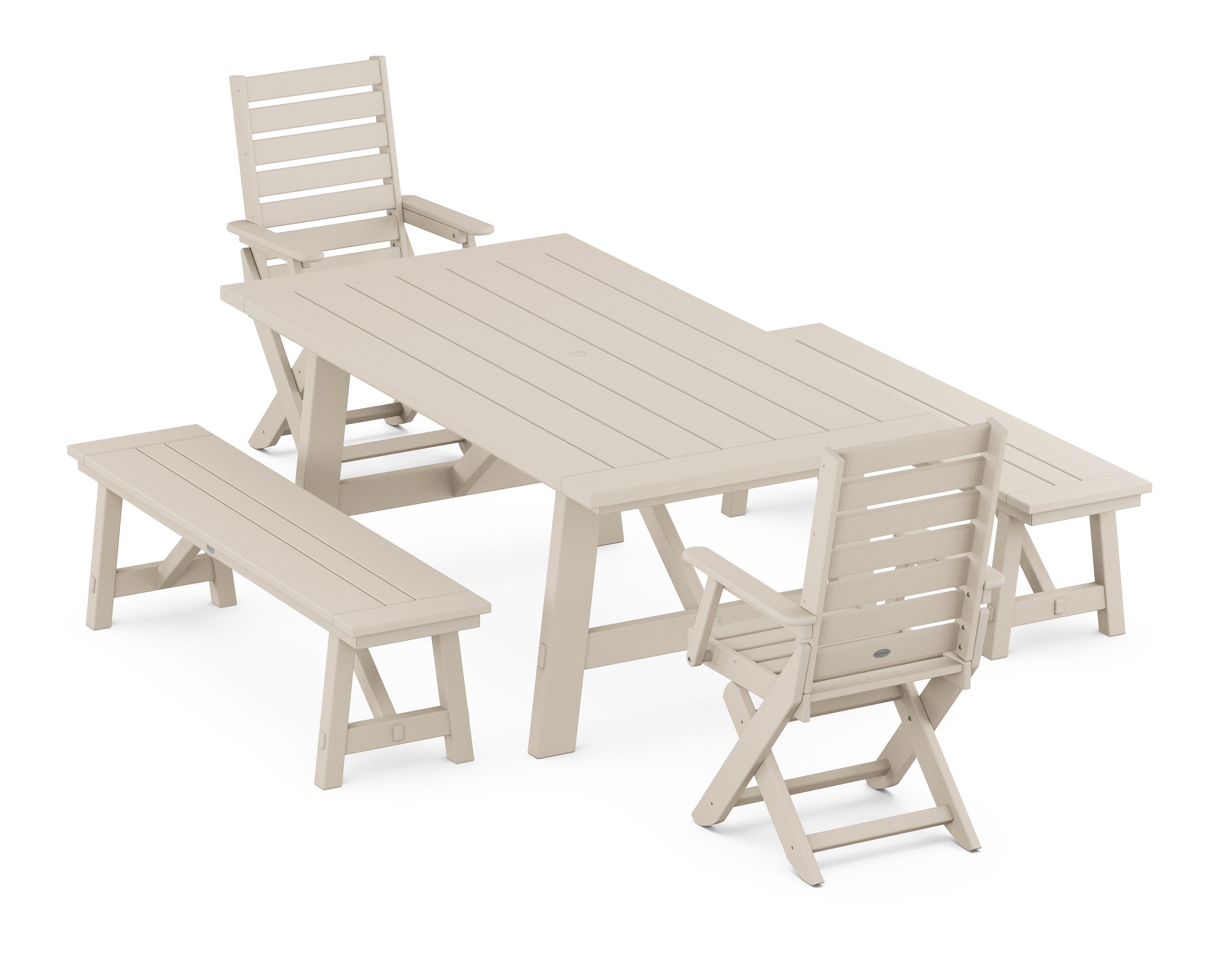 Captain Folding Chair 5-Piece Rustic Farmhouse Dining Set With Benches in Sand