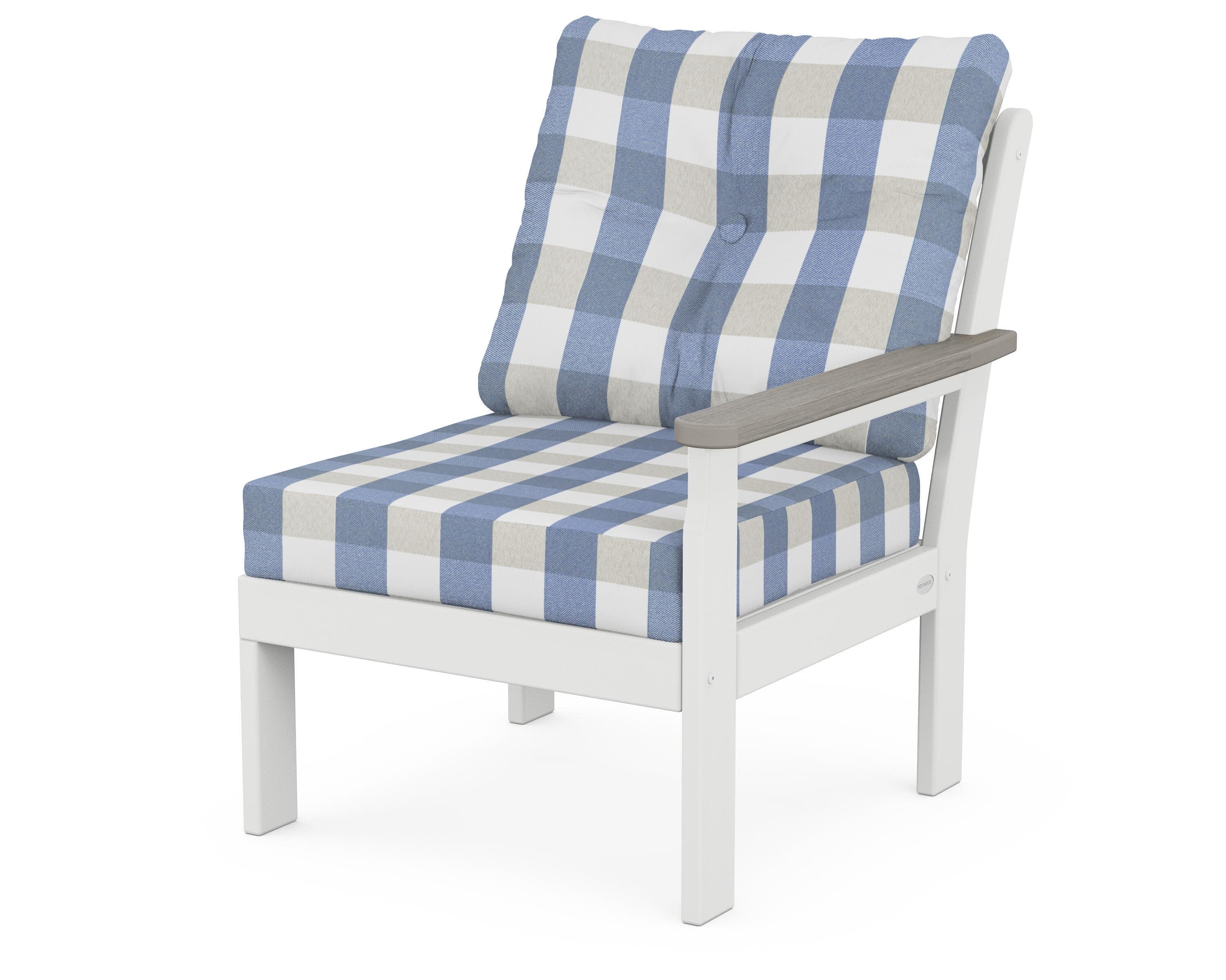 Vineyard Modular Right Arm Chair in White / Driftwood / Buffalo Plaid Sky Blue