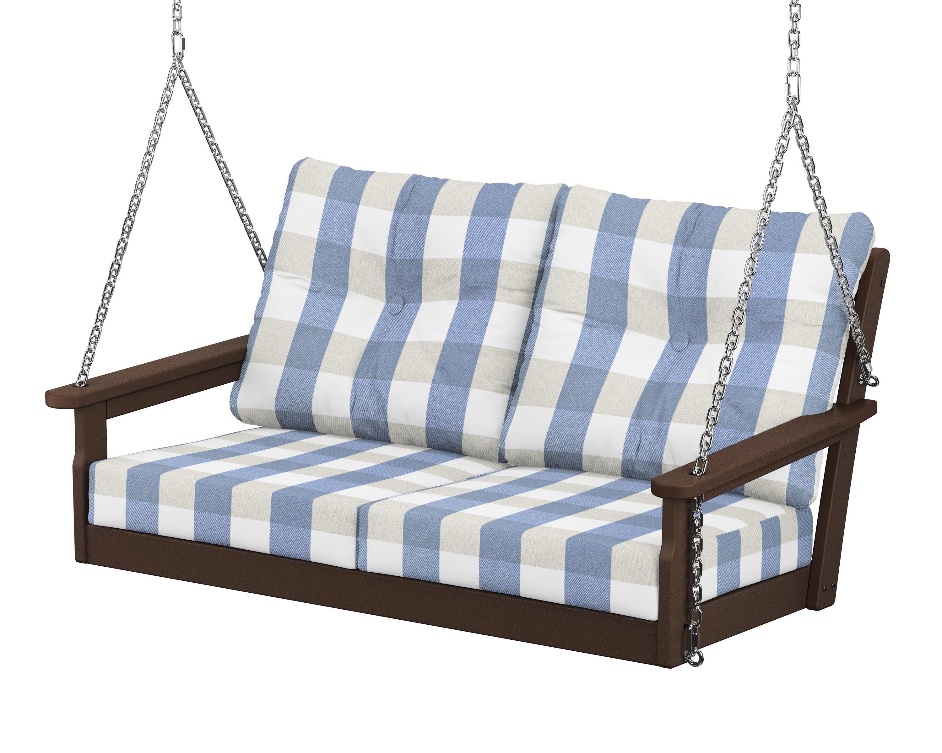 Vineyard Deep Seating Swing in Mahogany / Buffalo Plaid Sky Blue