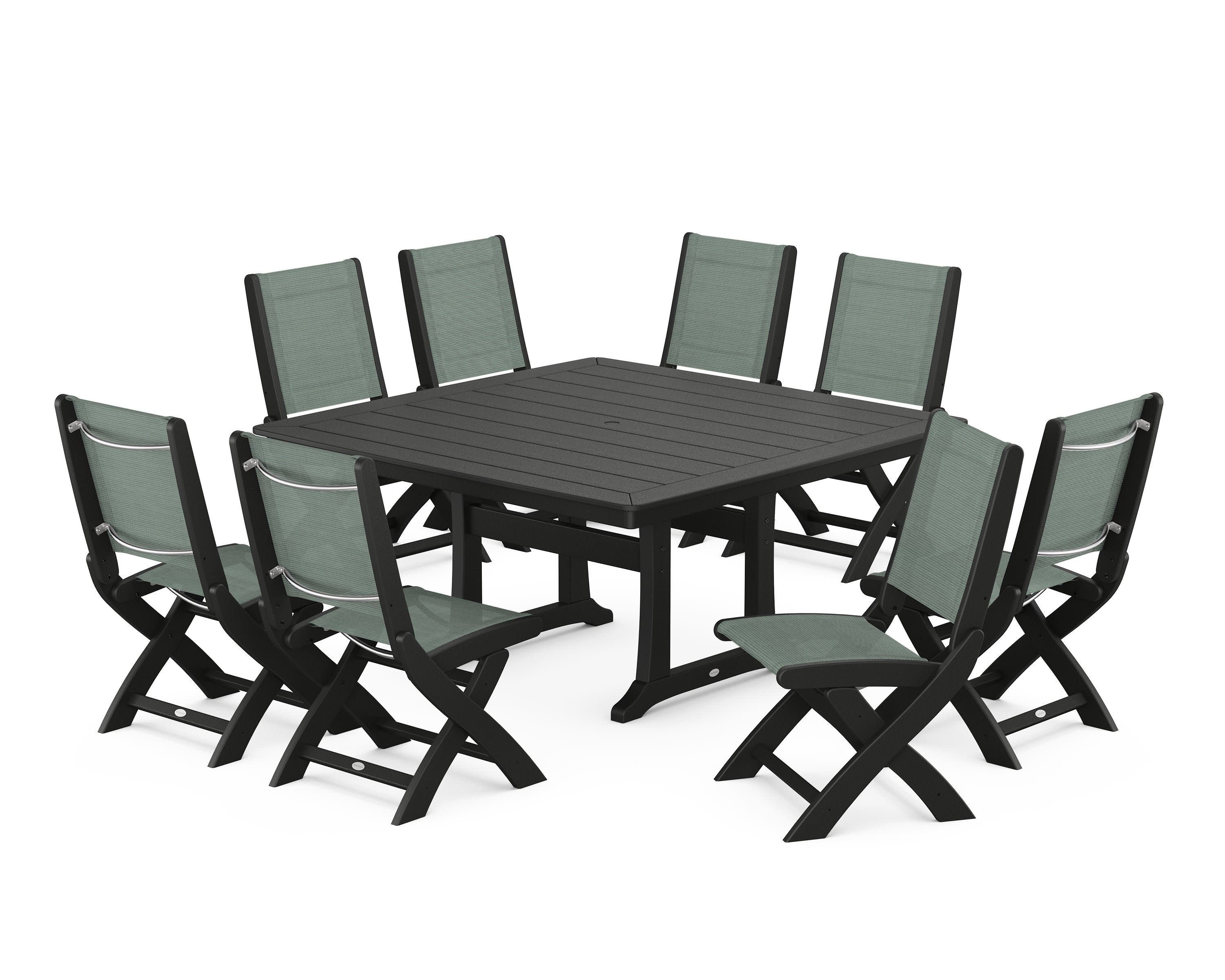 Coastal Folding Side Chair 9-Piece Dining Set with Trestle Legs in Black / Dupioni Sea Mist Sling