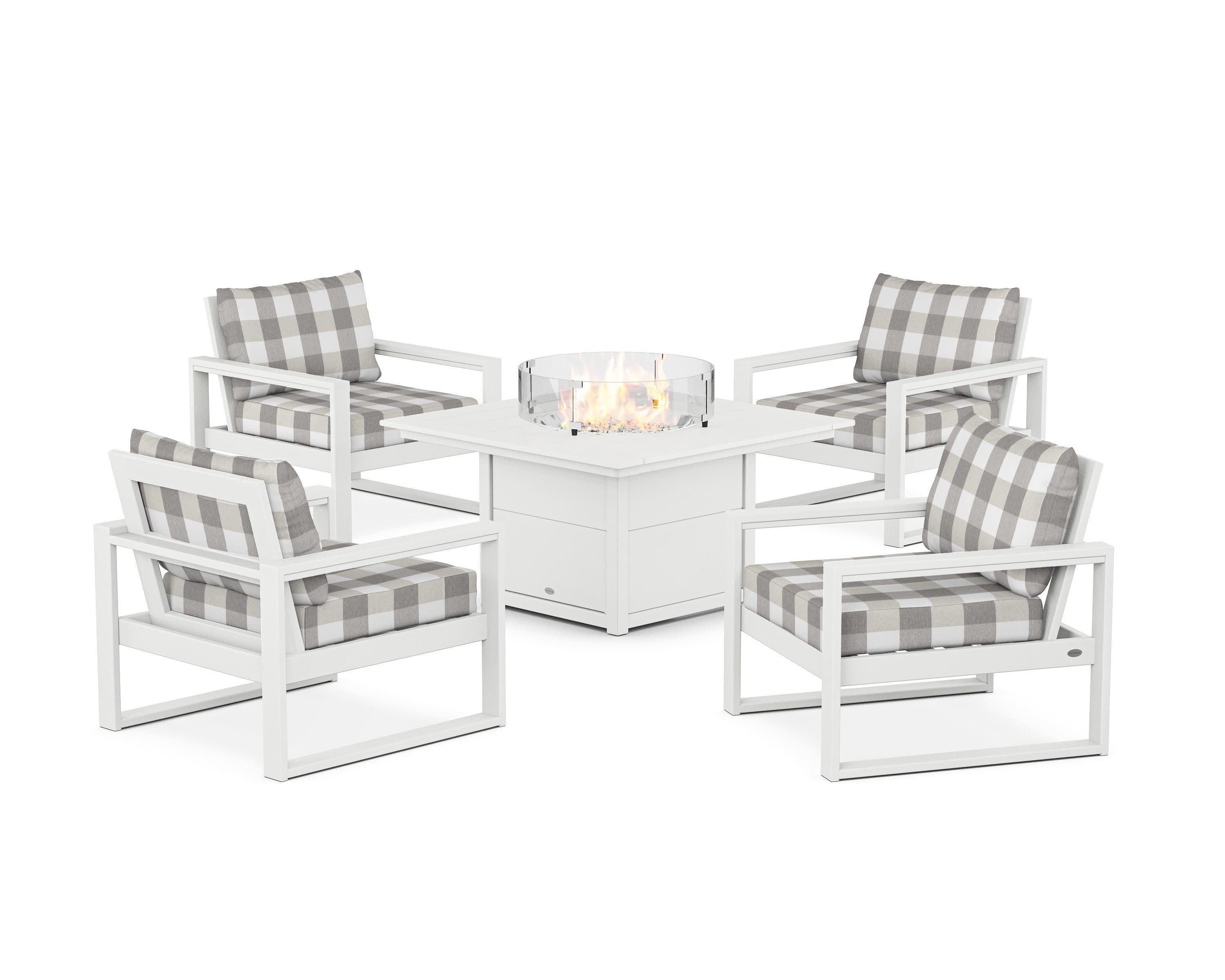 EDGE Sectional 5-Piece Deep Seating Set with Fire Pit Table in White / Buffalo Plaid Grey Mist