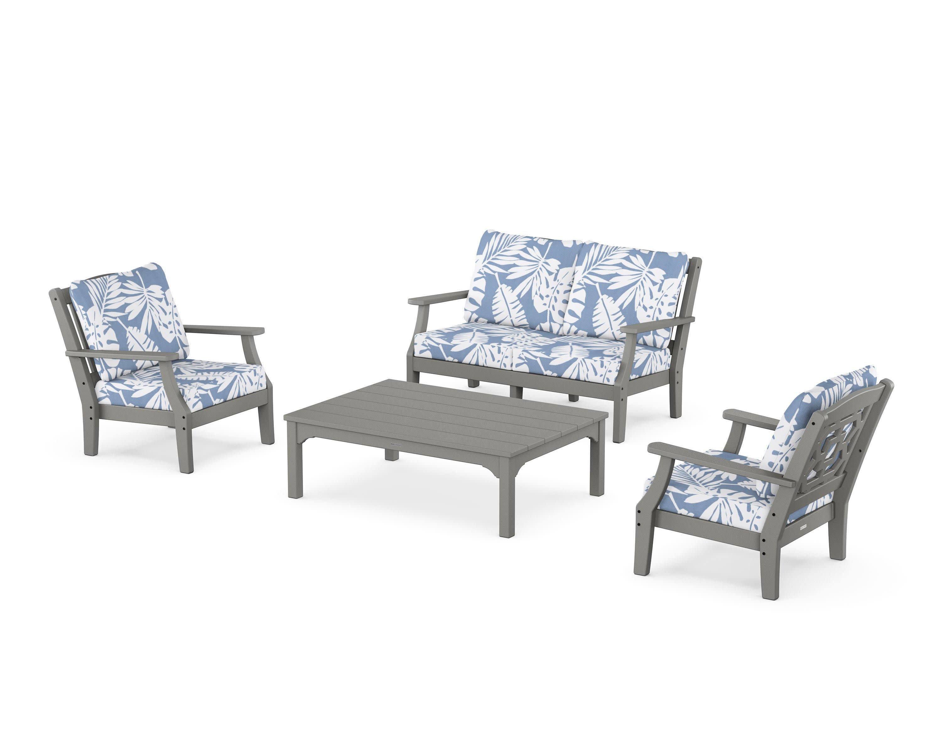 Chinoiserie 4-Piece Deep Seating Set with Loveseat in Slate Grey / Leaf Sky Blue