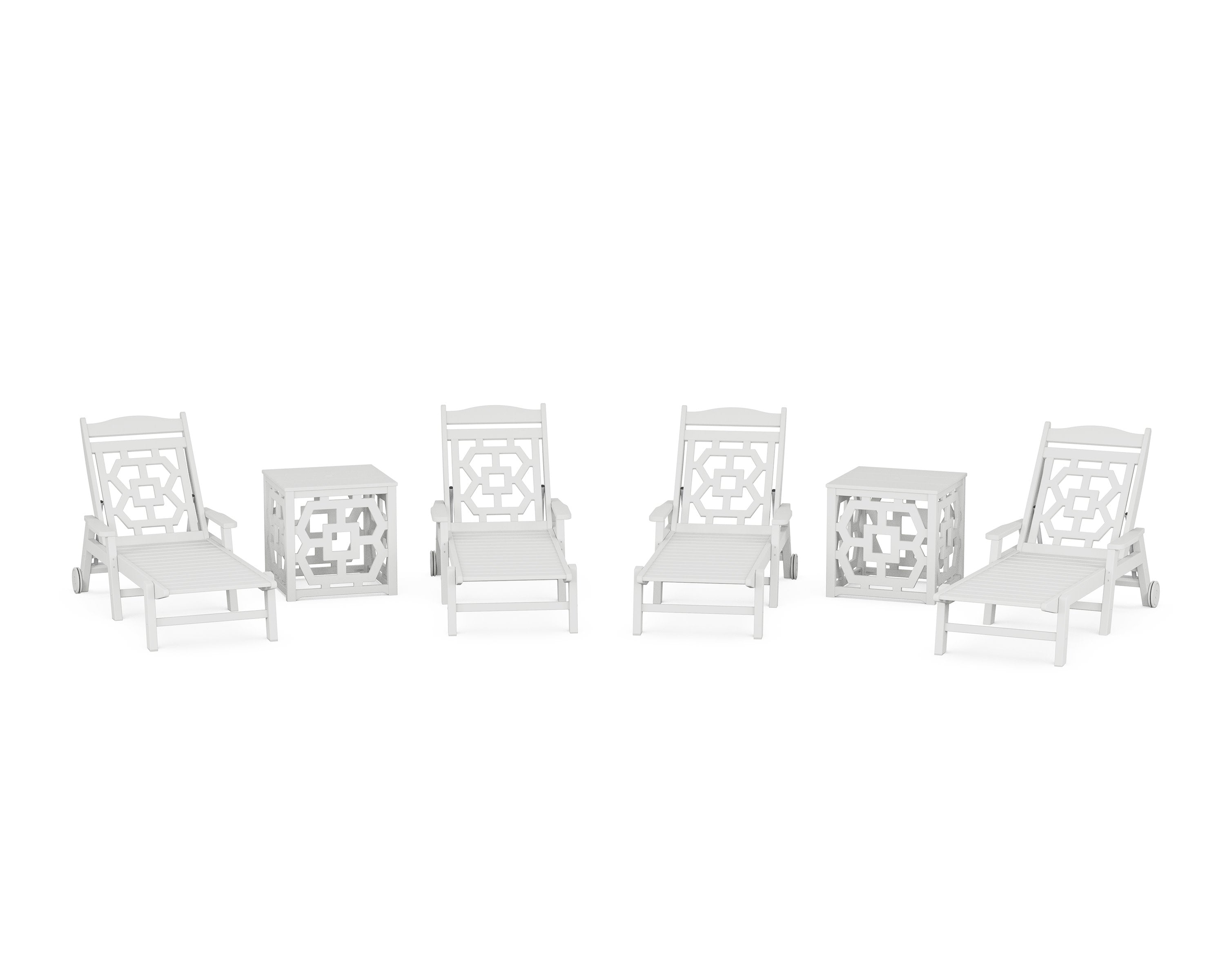 Chinoiserie 6-Piece Chaise Set with Umbrella Stand Accent Table in White