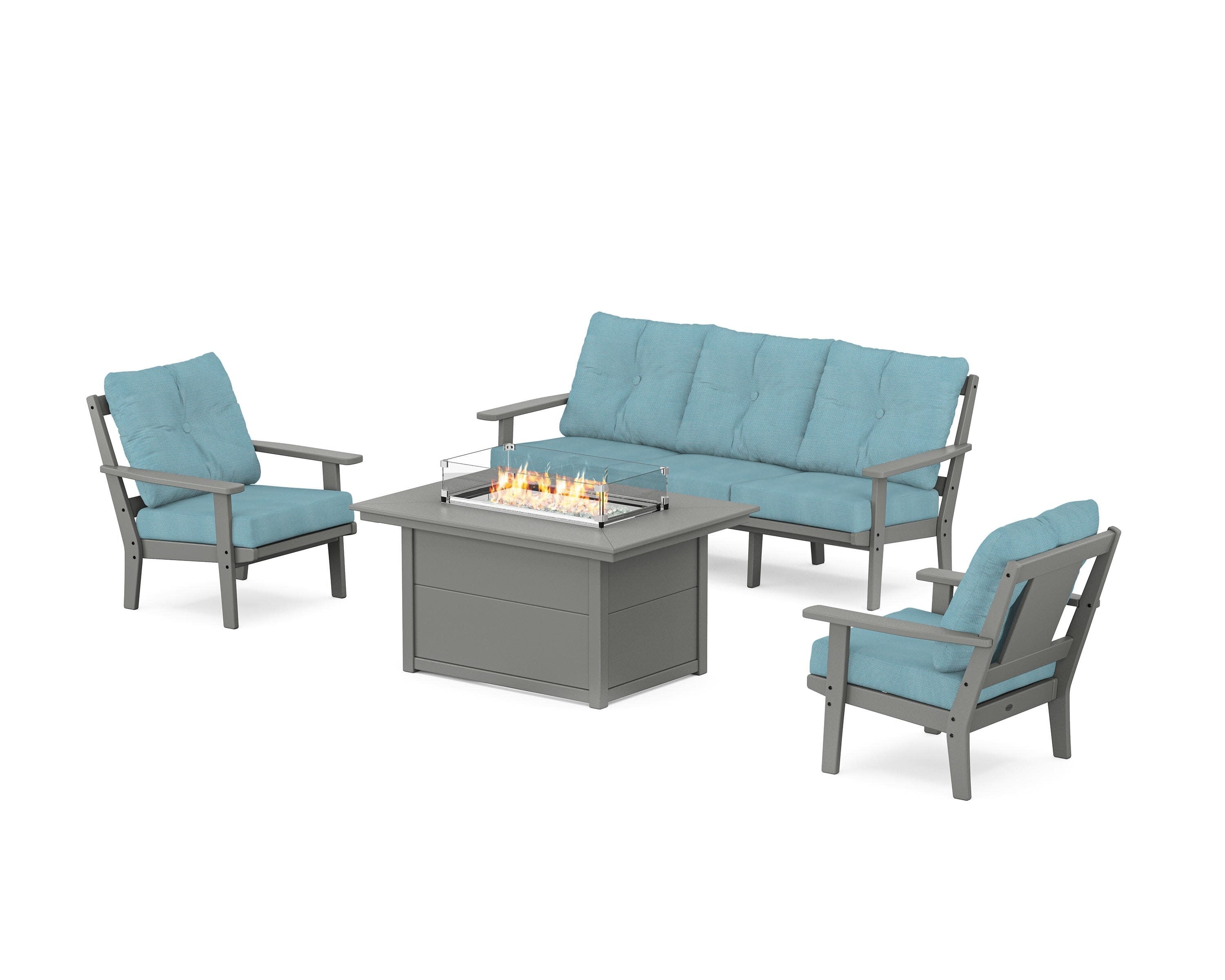 Prairie Deep Seating Fire Pit Table Set in Slate Grey / Lattice Sky Blue