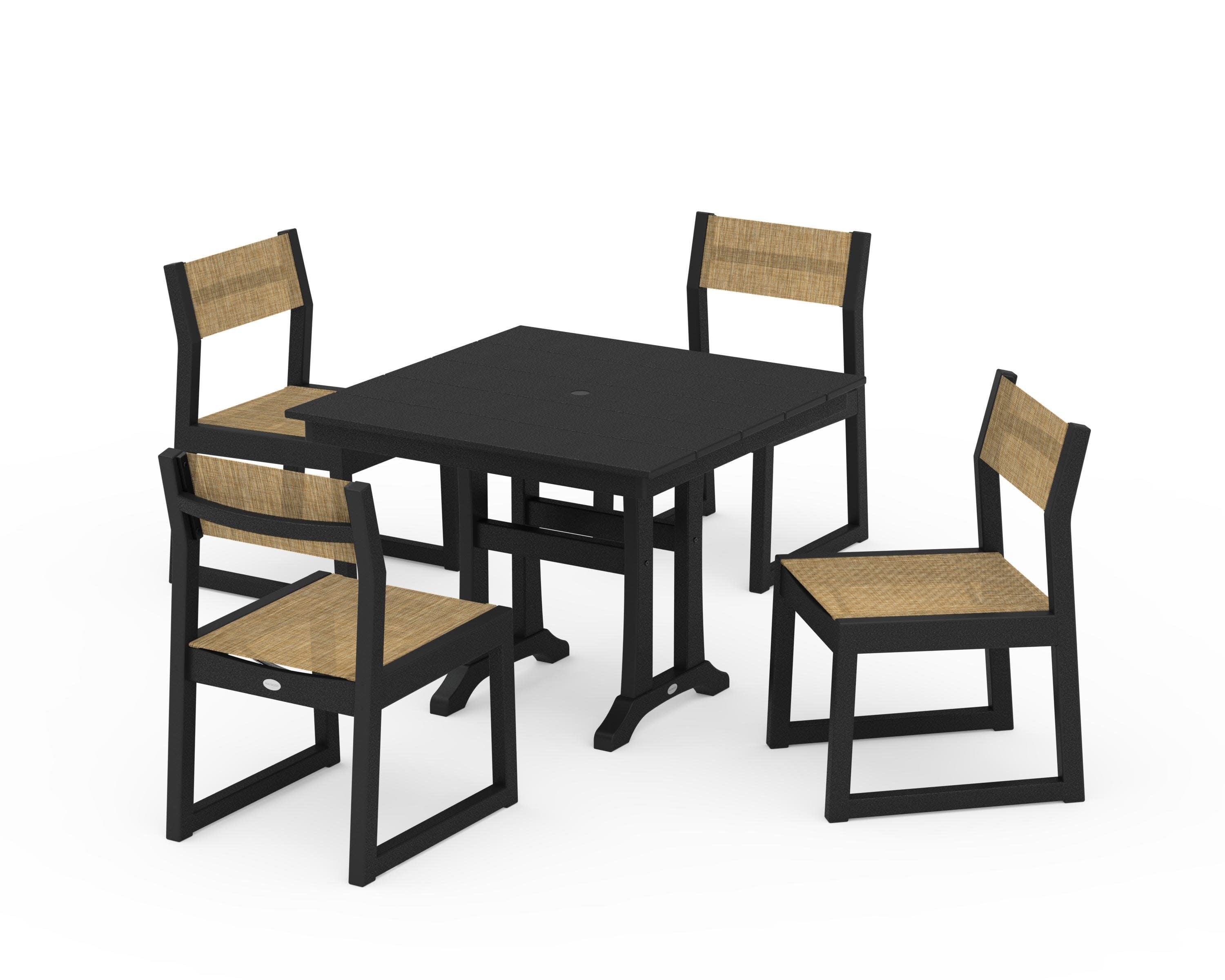 EDGE Sling 5-Piece Farmhouse Trestle Side Chair Dining Set in Black / Burlap Sling