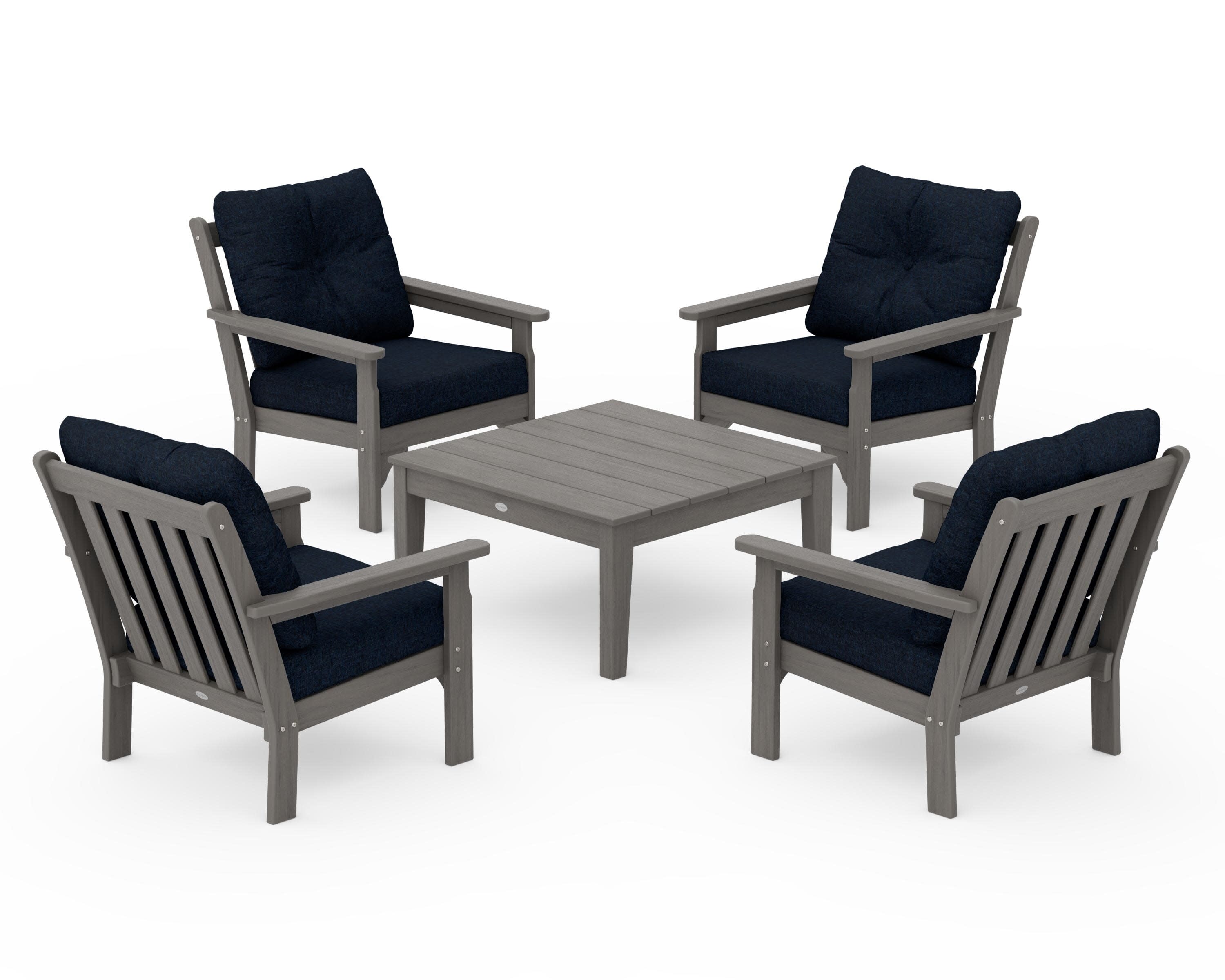Vineyard 5-Piece Deep Seating Conversation Set in Driftwood / Marine Indigo