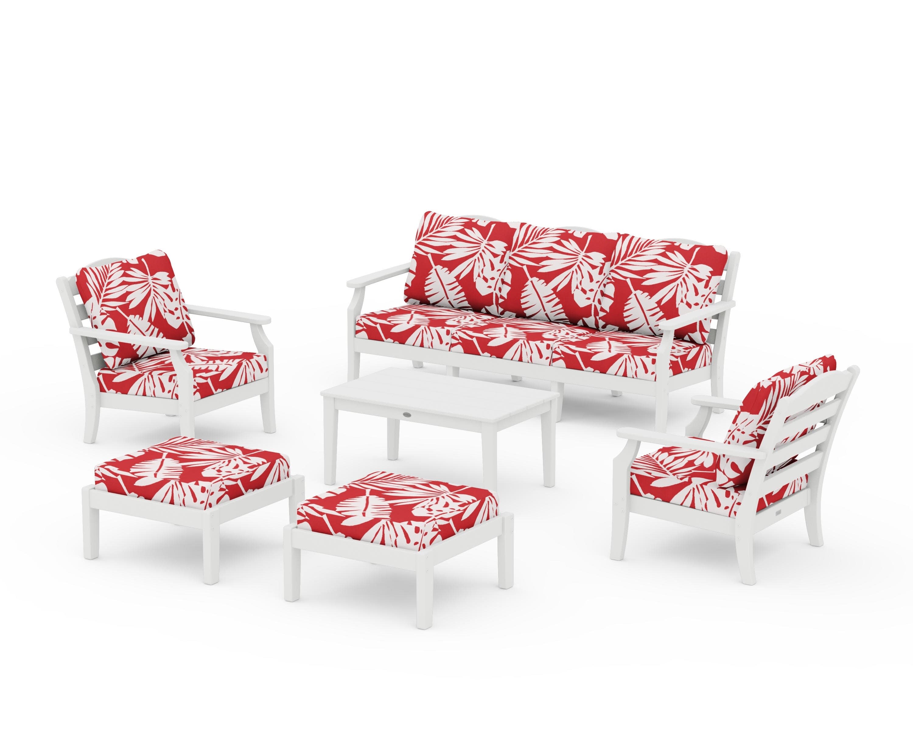 Savannah 6-Piece Lounge Sofa Set in Vintage White / Leaf Crimson