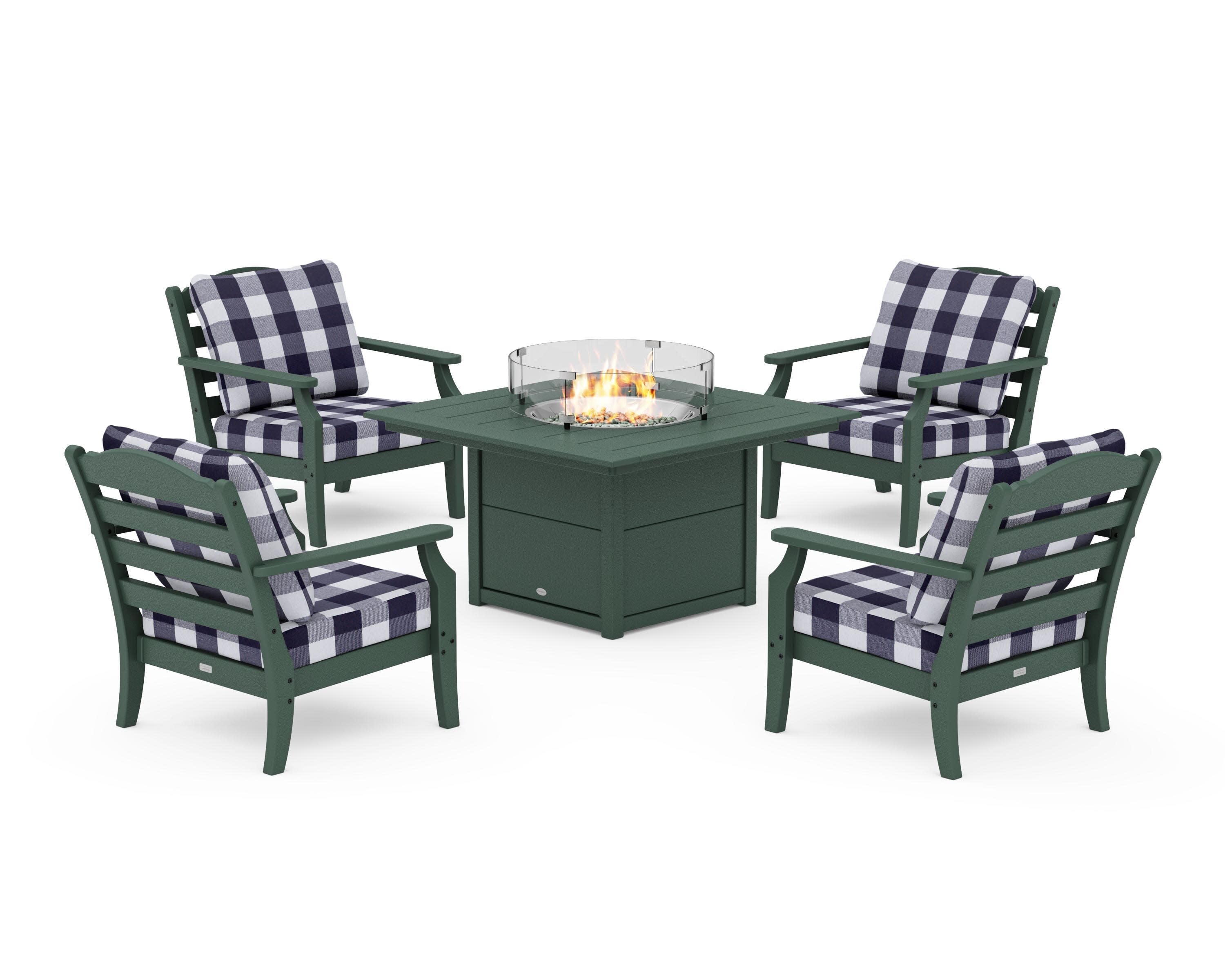 Savannah 5-Piece Deep Seating Set with Fire Pit Table in Green / Buffalo Plaid Navy