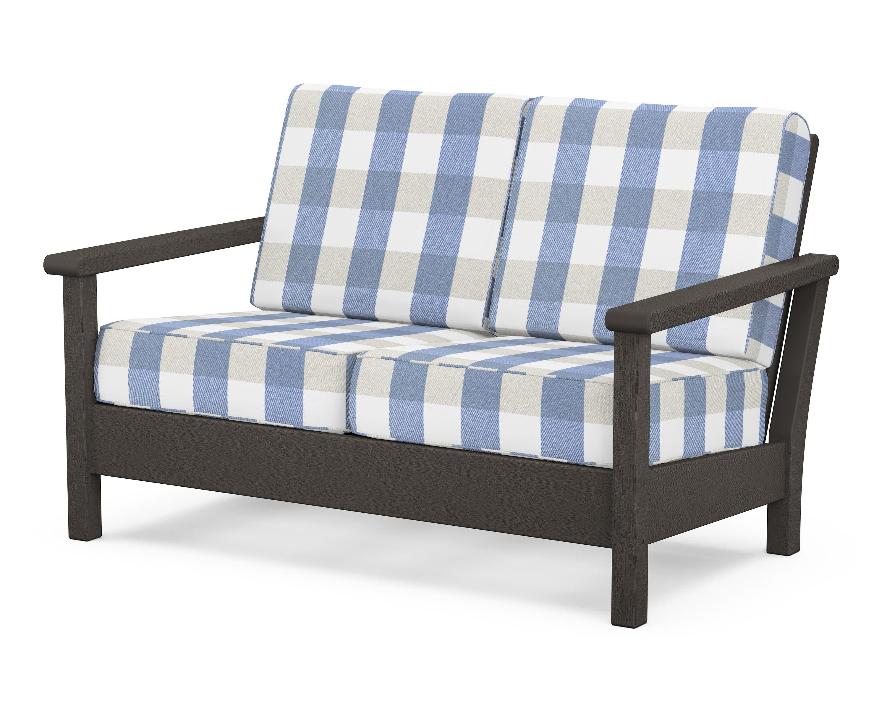 Harbour Deep Seating Loveseat in Vintage Coffee / Buffalo Plaid Sky Blue