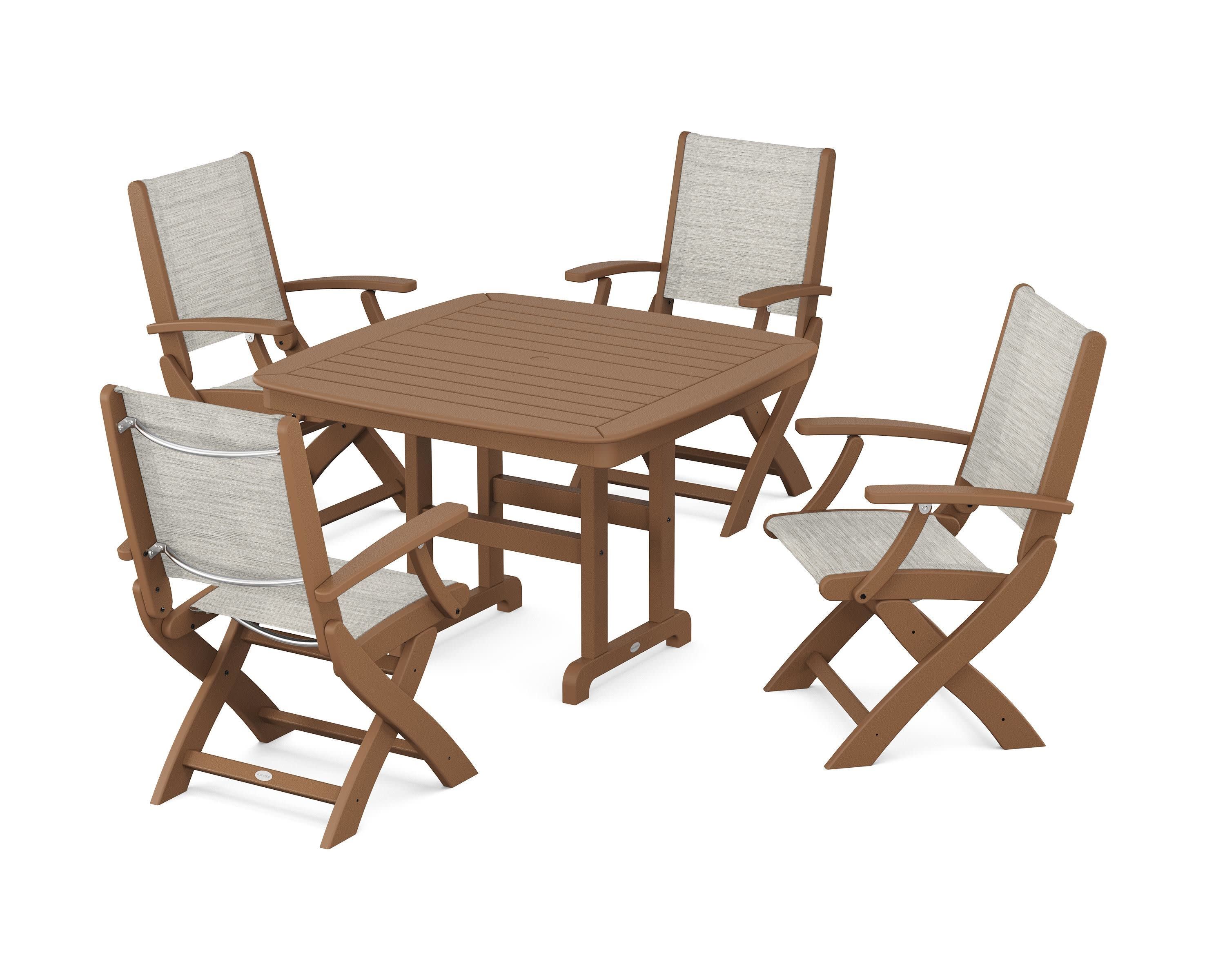 Coastal Folding Chair 5-Piece Dining Set in Teak / Birch Sling