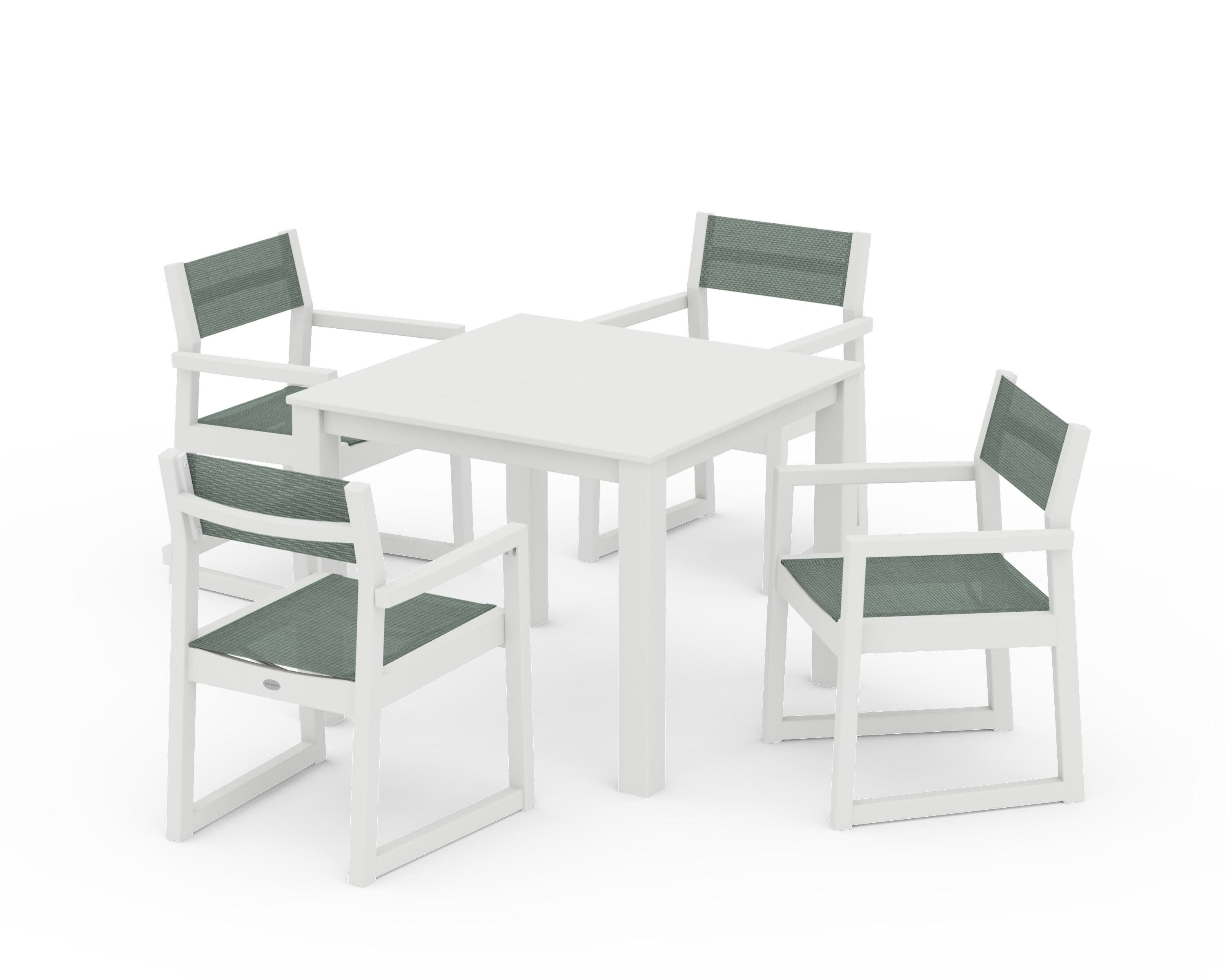 EDGE Sling Arm Chair 5-Piece Parsons Dining Set in Vintage White / Dupioni Sea Mist Sling