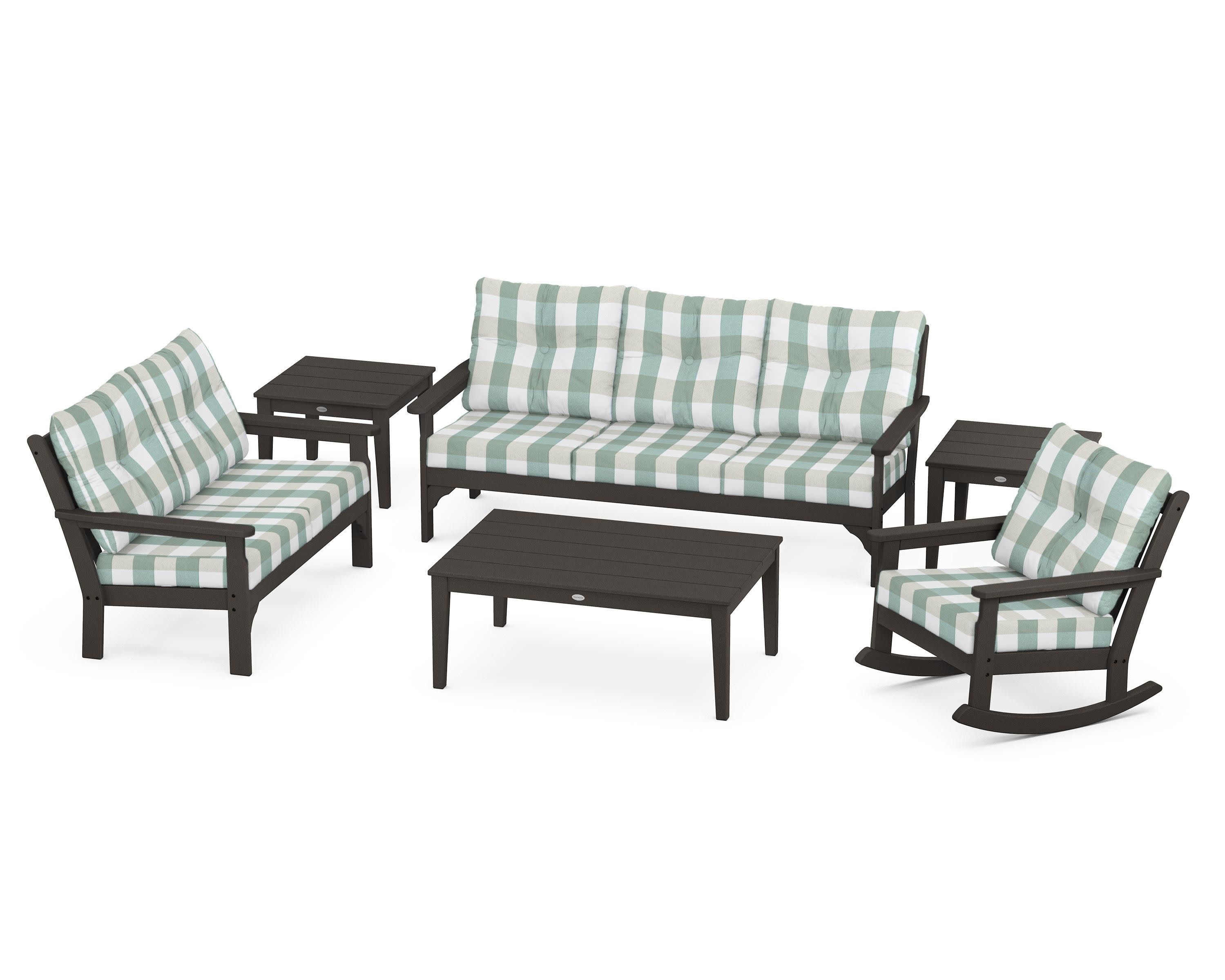 Vineyard 6-Piece Deep Seating Set in Vintage Coffee / Buffalo Plaid Glacier Spa