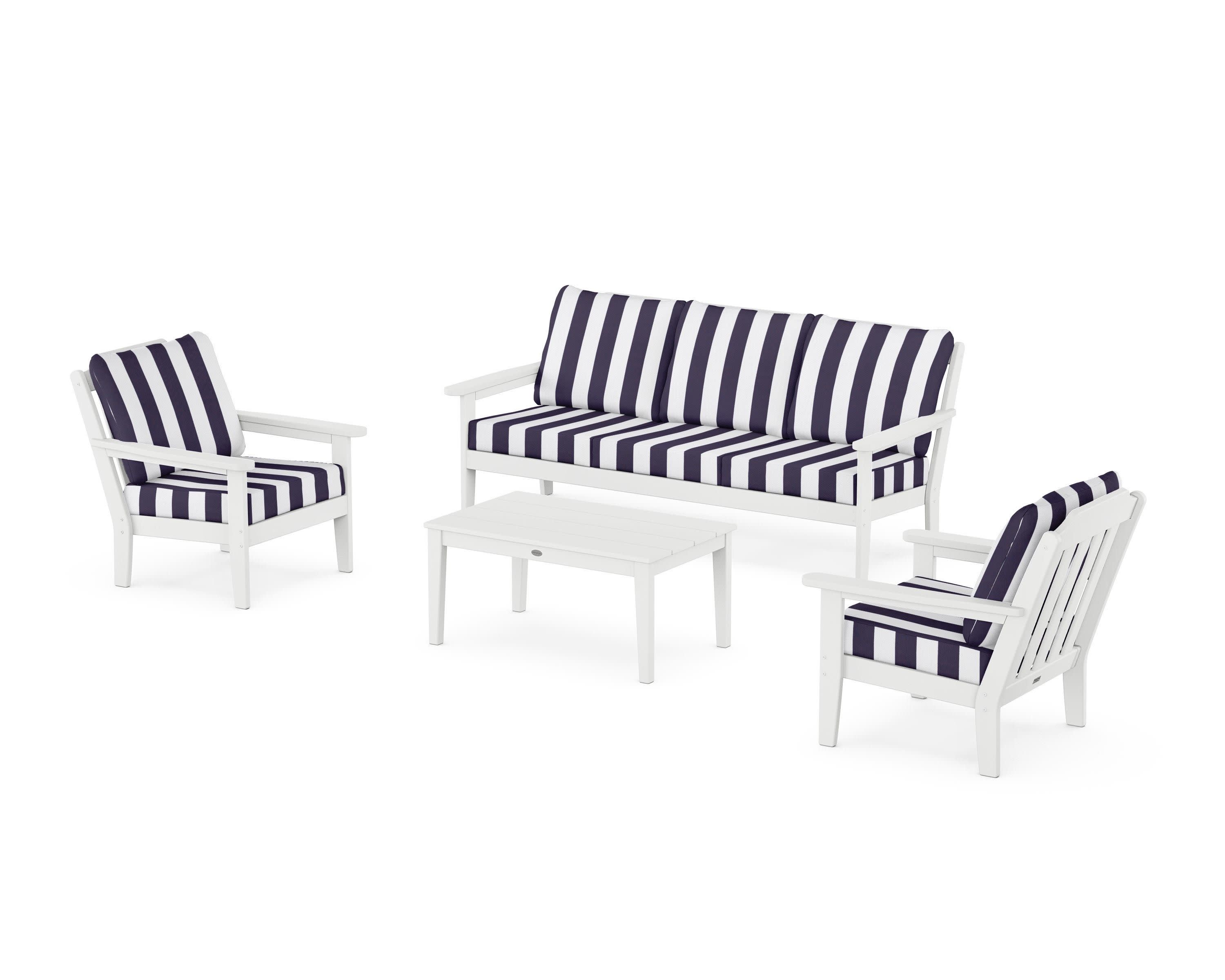 Cottage 4-Piece Deep Seating Set with Sofa in White / Cabana Stripe Navy