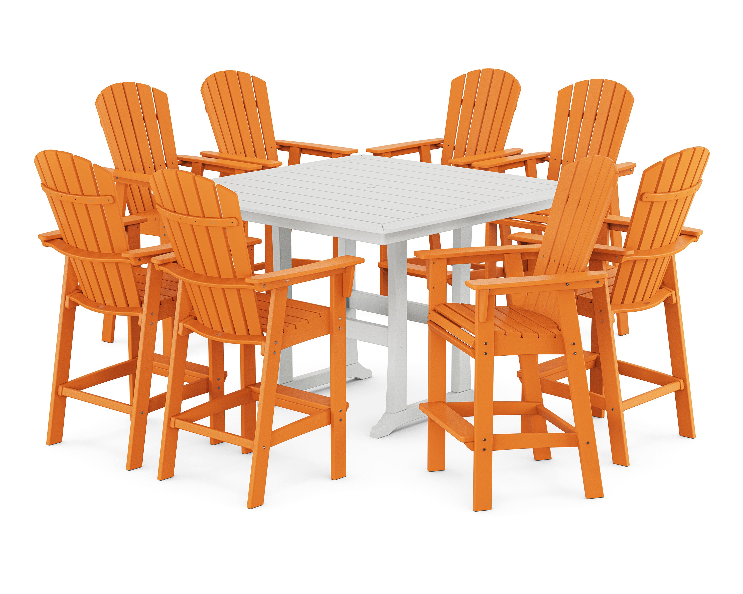 Nautical Curveback Adirondack 9-Piece Trestle Bar Set in Tangerine / White