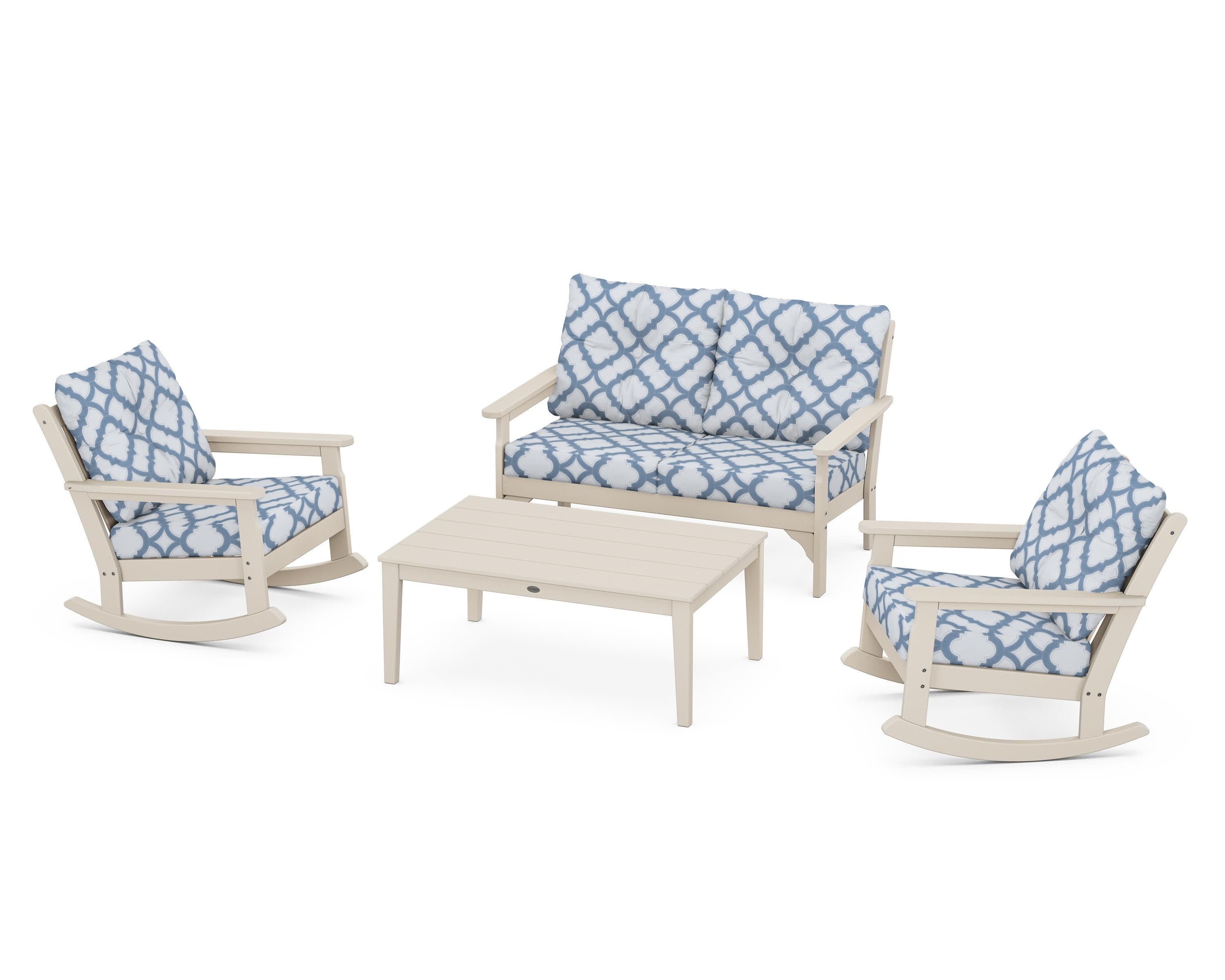 Vineyard 4-Piece Deep Seating Rocking Chair Set in Sand / Trellis Sky Blue