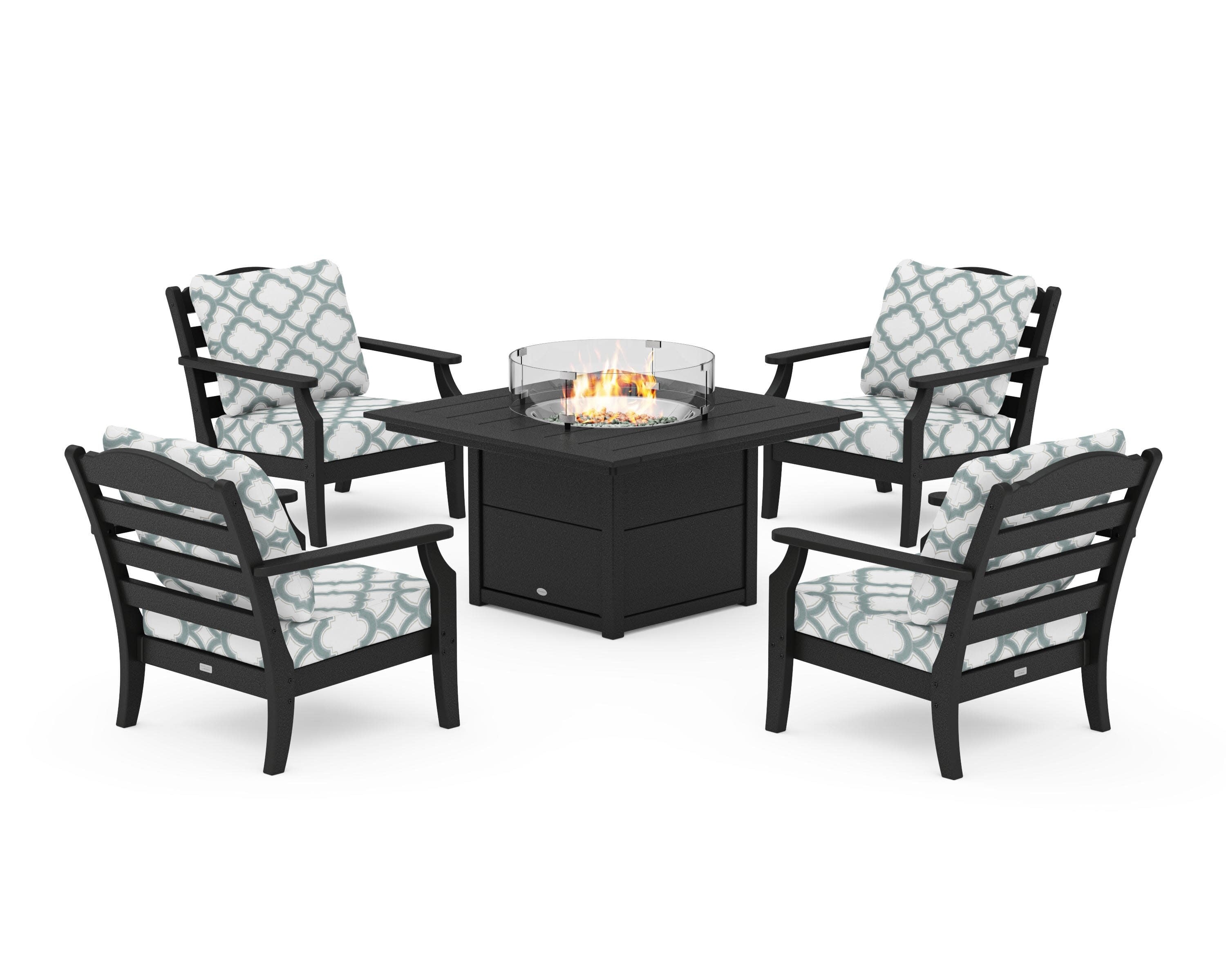 Savannah 5-Piece Deep Seating Set with Fire Pit Table in Black / Trellis Glacier Spa