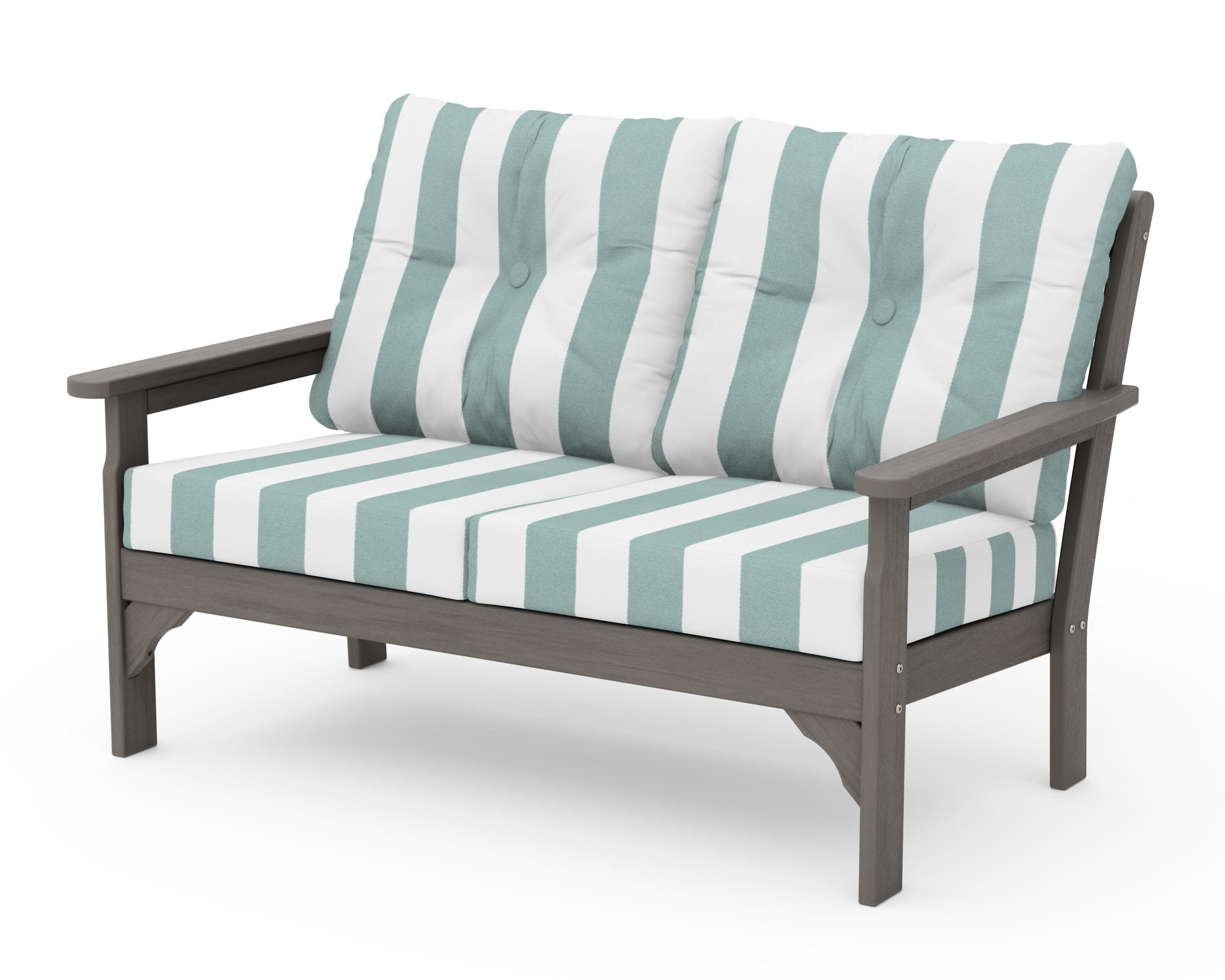 Vineyard Deep Seating Loveseat in Driftwood / Cabana Stripe Glacier Spa