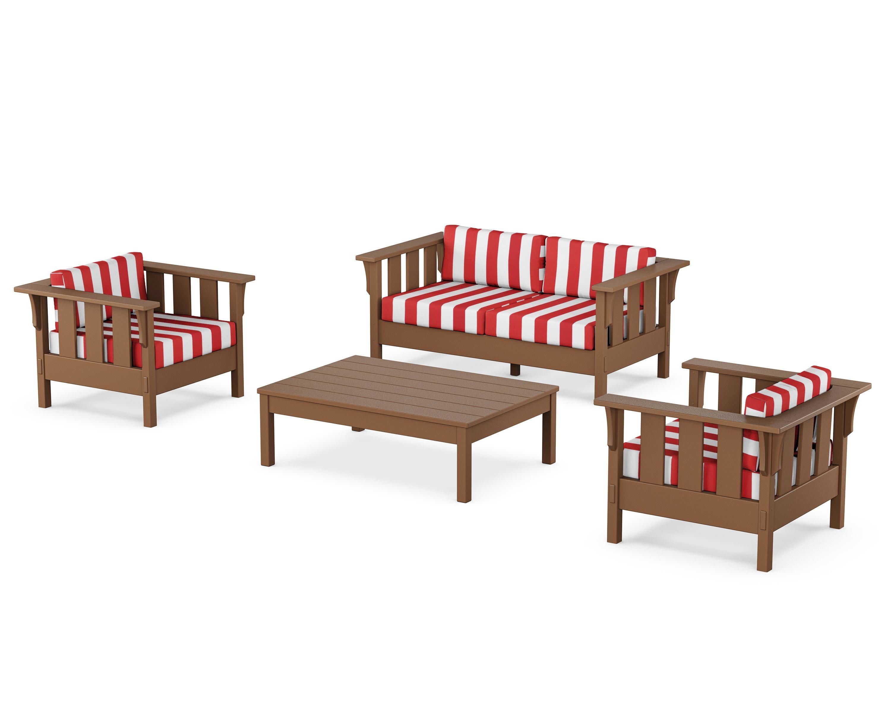 Acadia 4-Piece Deep Seating Set with Loveseat in Teak / Cabana Stripe Crimson