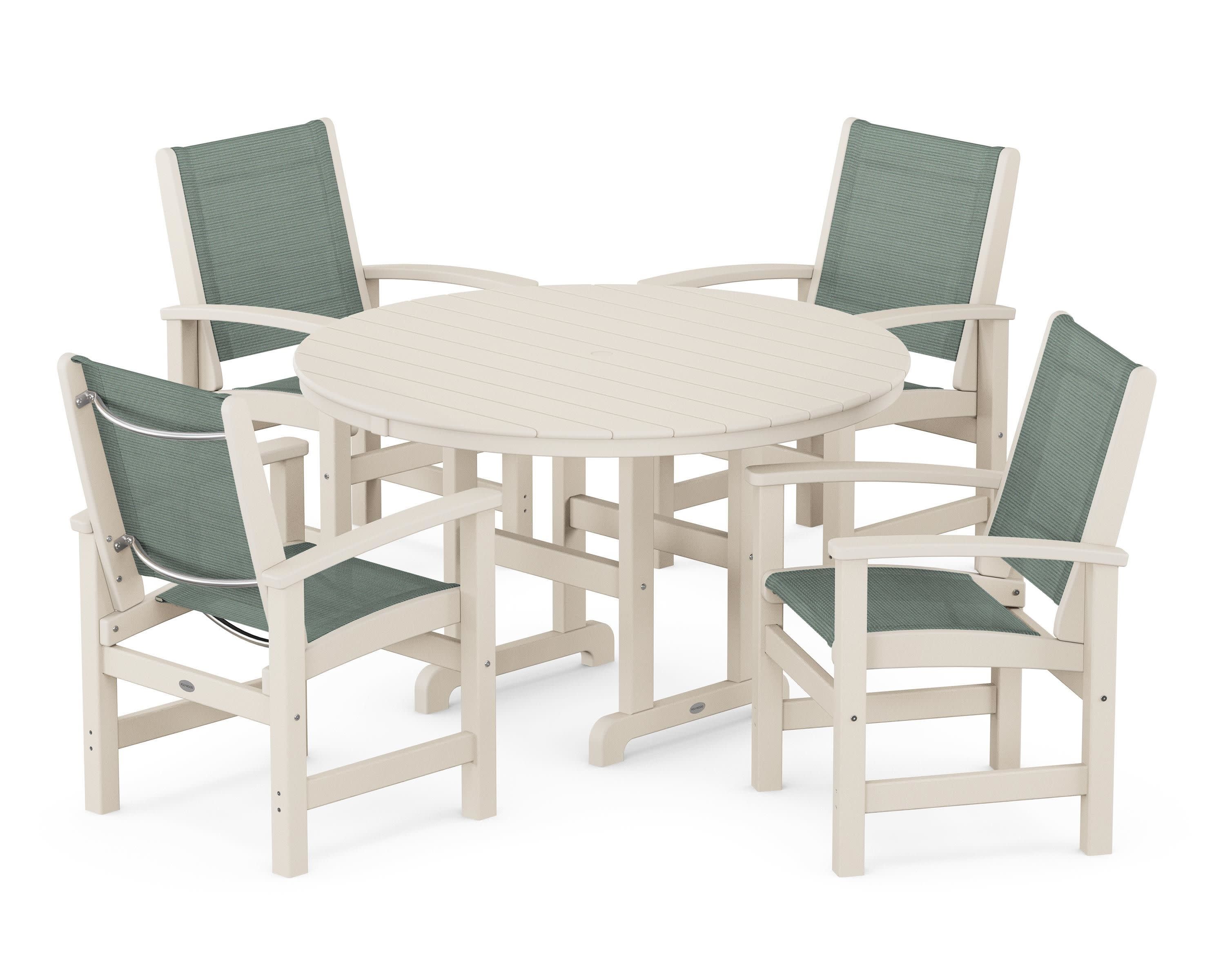 Coastal 5-Piece Round Farmhouse Dining Set in Sand / Dupioni Sea Mist Sling