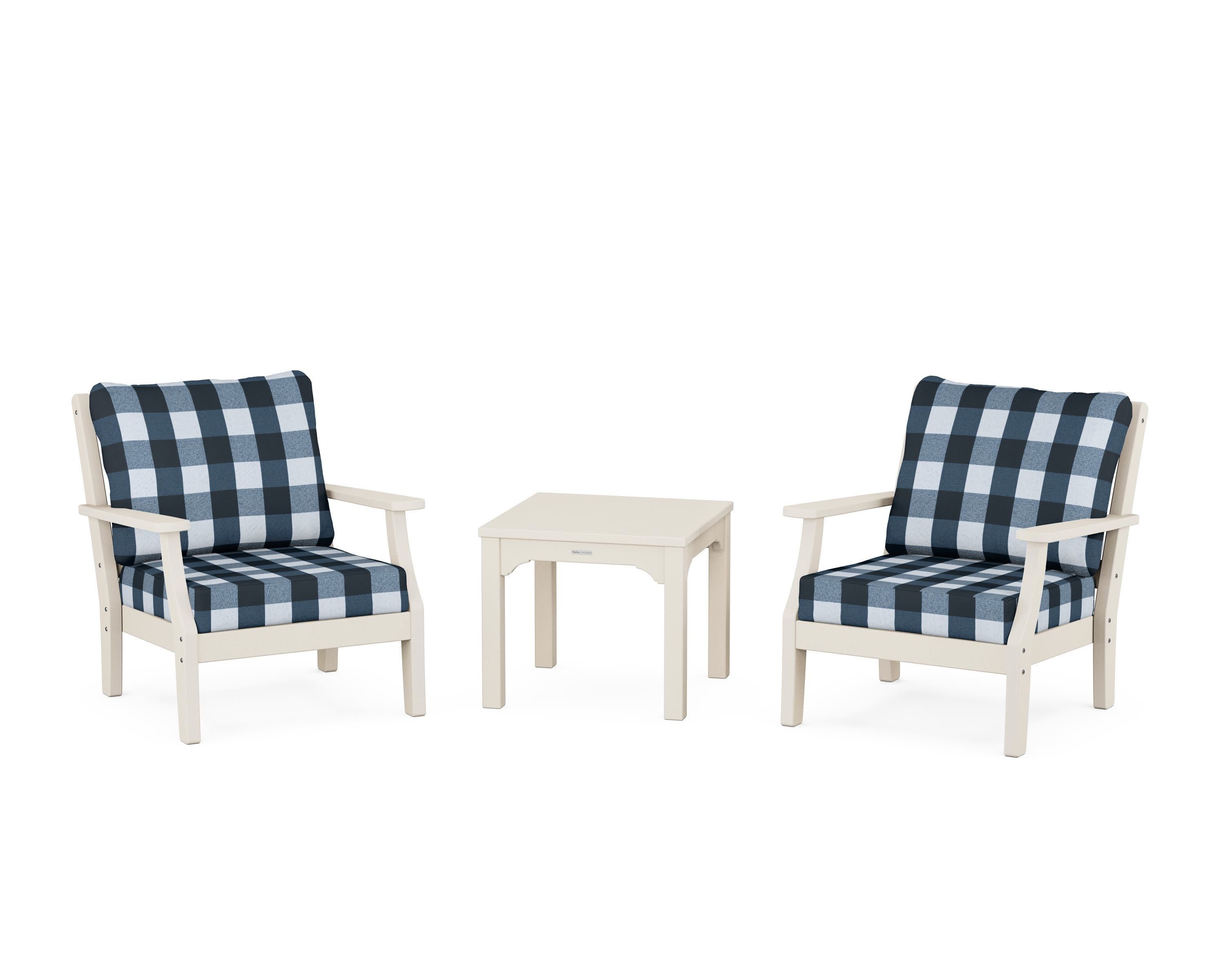 Chinoiserie 3-Piece Deep Seating Set in Sand / Buffalo Plaid Marine Indigo