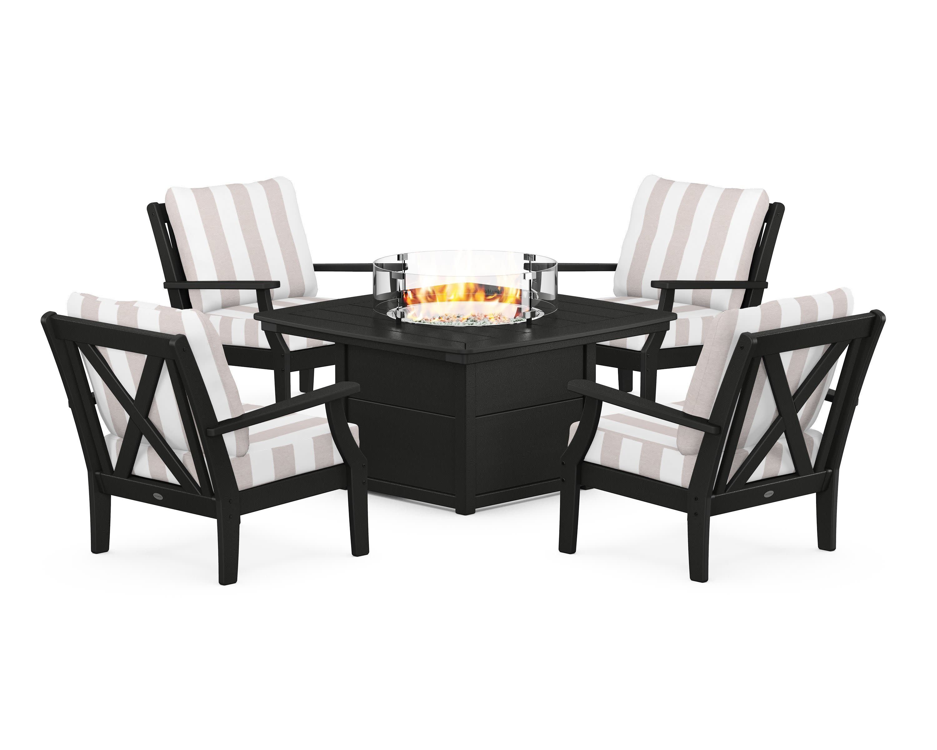 Braxton 5-Piece Deep Seating Conversation Set with Fire Pit Table in Black / Cabana Stripe Dune Burlap
