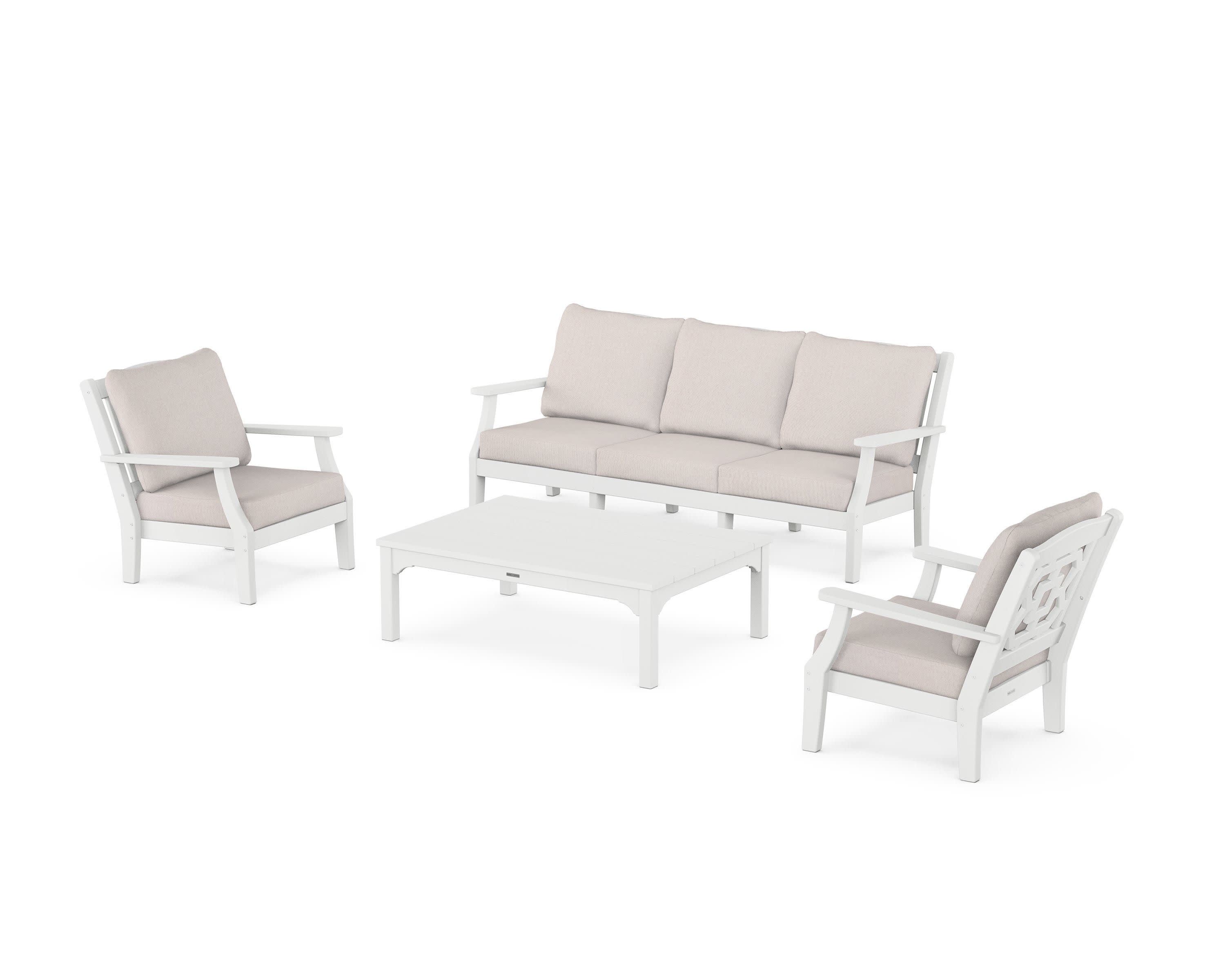 Chinoiserie 4-Piece Deep Seating Set with Sofa in White / Dune Burlap