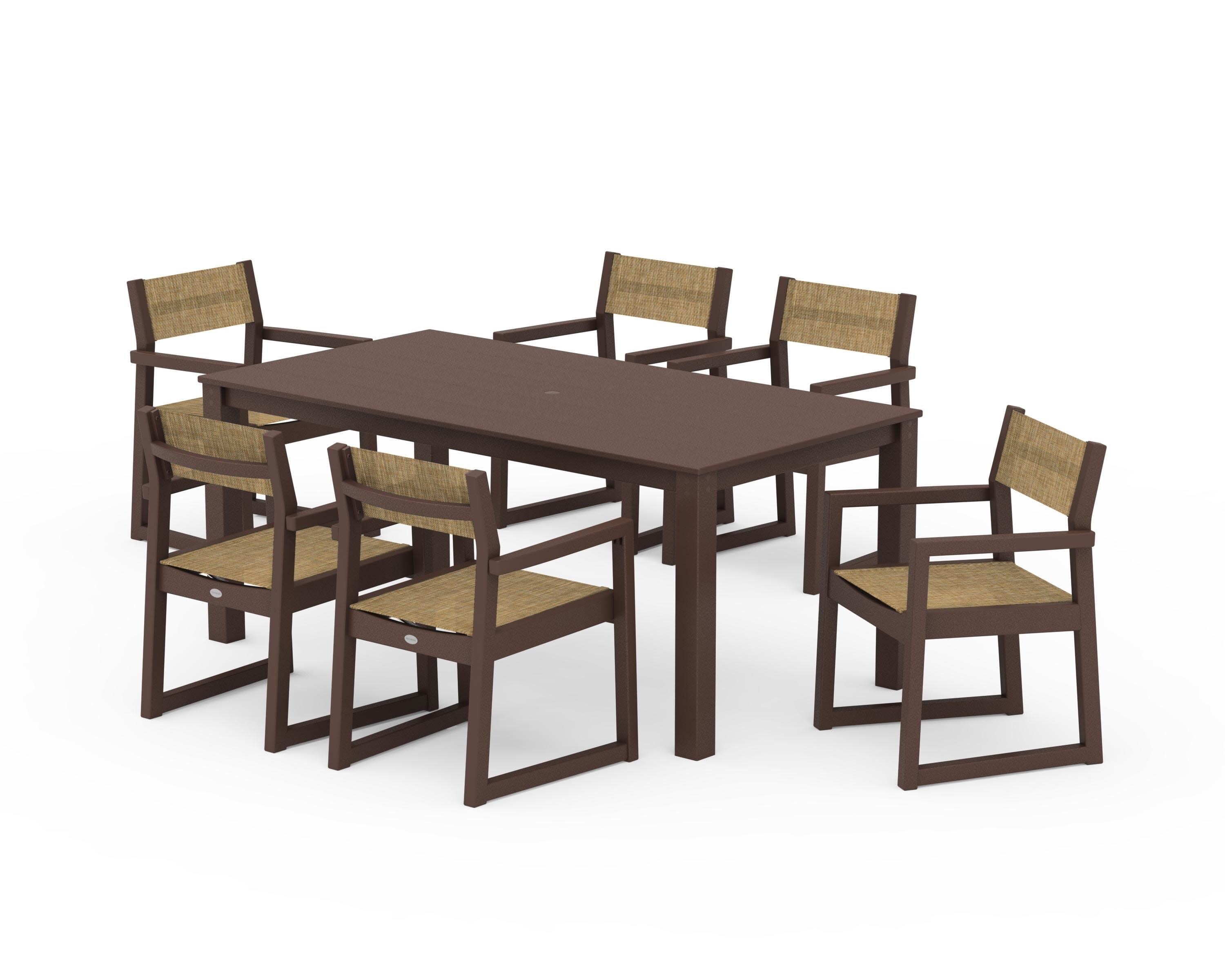 EDGE Sling Arm Chair 7-Piece Parsons Dining Set in Mahogany / Burlap Sling