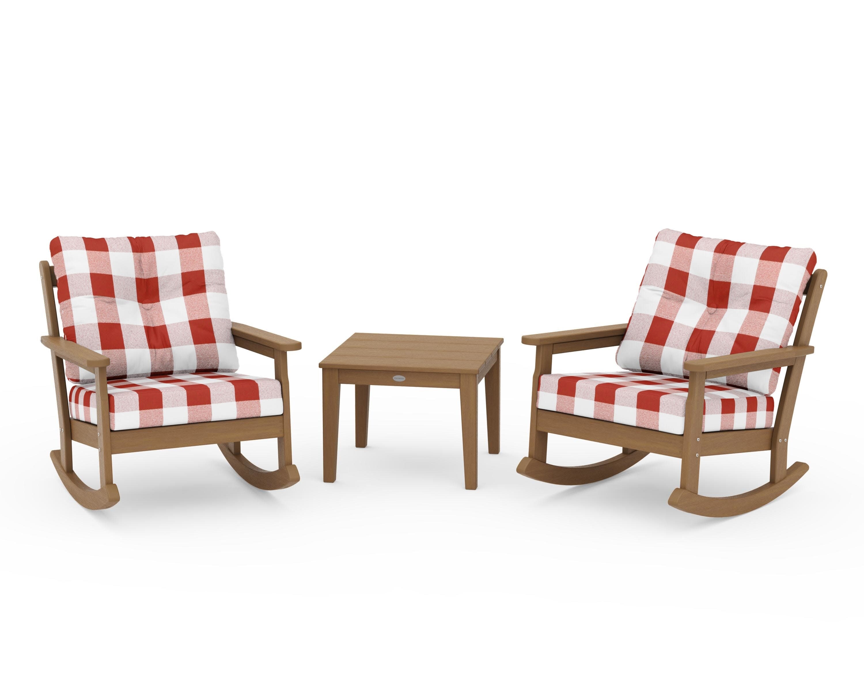 Vineyard 3-Piece Deep Seating Rocker Set in Natural / Buffalo Plaid Crimson