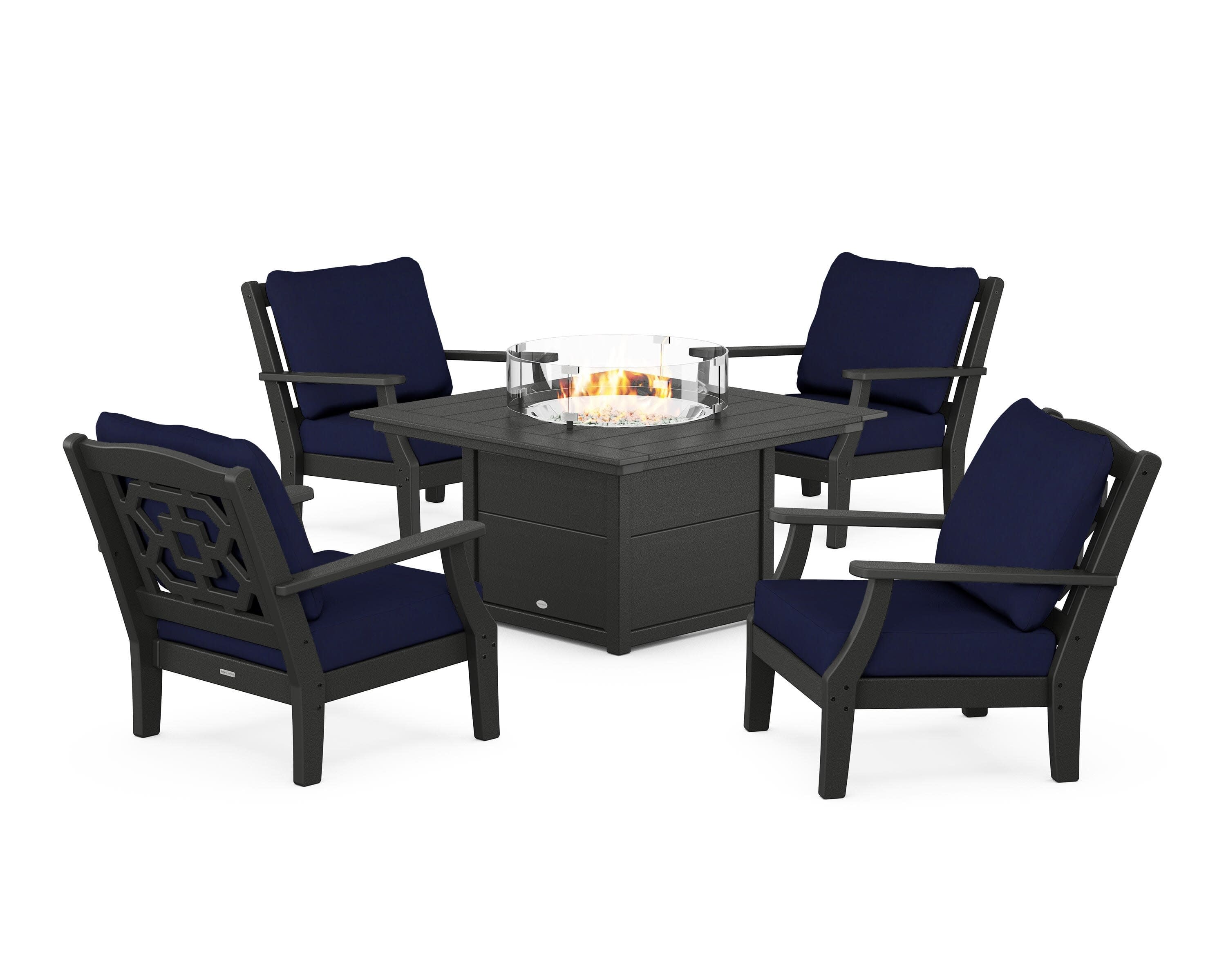 Chinoiserie 5-Piece Deep Seating Set with Fire Pit Table in Black / Navy
