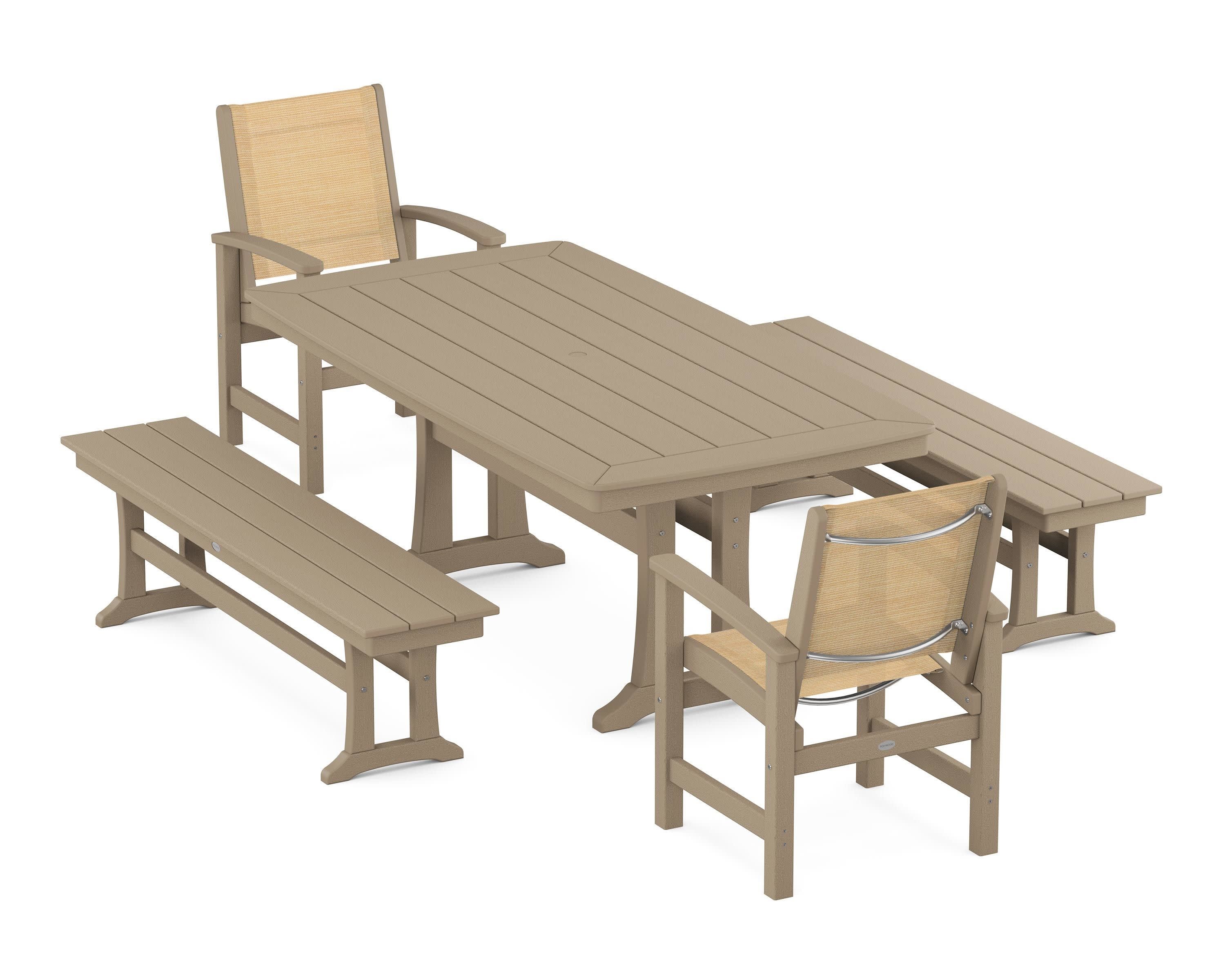 Coastal 5-Piece Dining Set with Trestle Legs and Benches in Vintage Sahara / Dupioni Apricot Sling