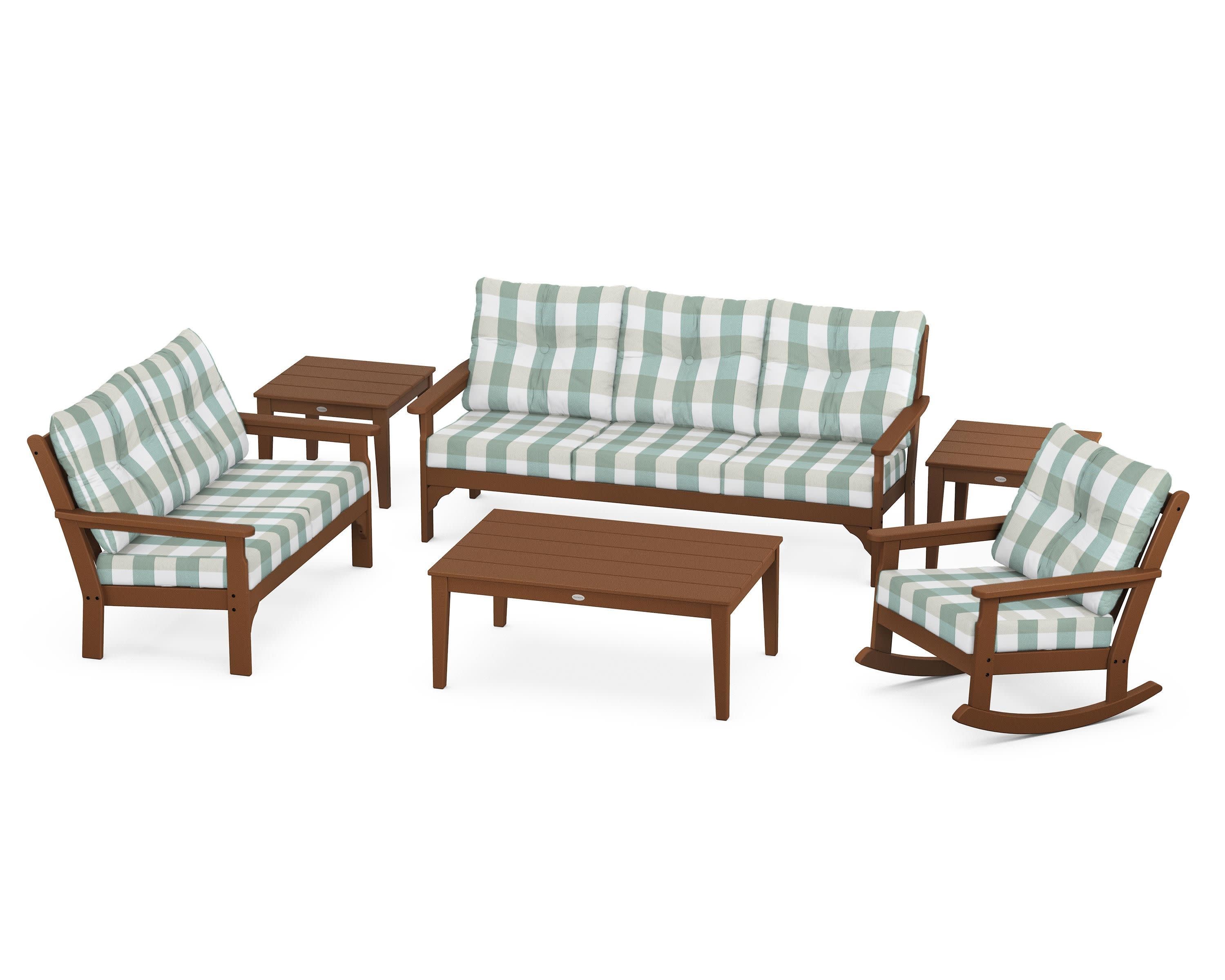 Vineyard 6-Piece Deep Seating Set in Teak / Buffalo Plaid Glacier Spa