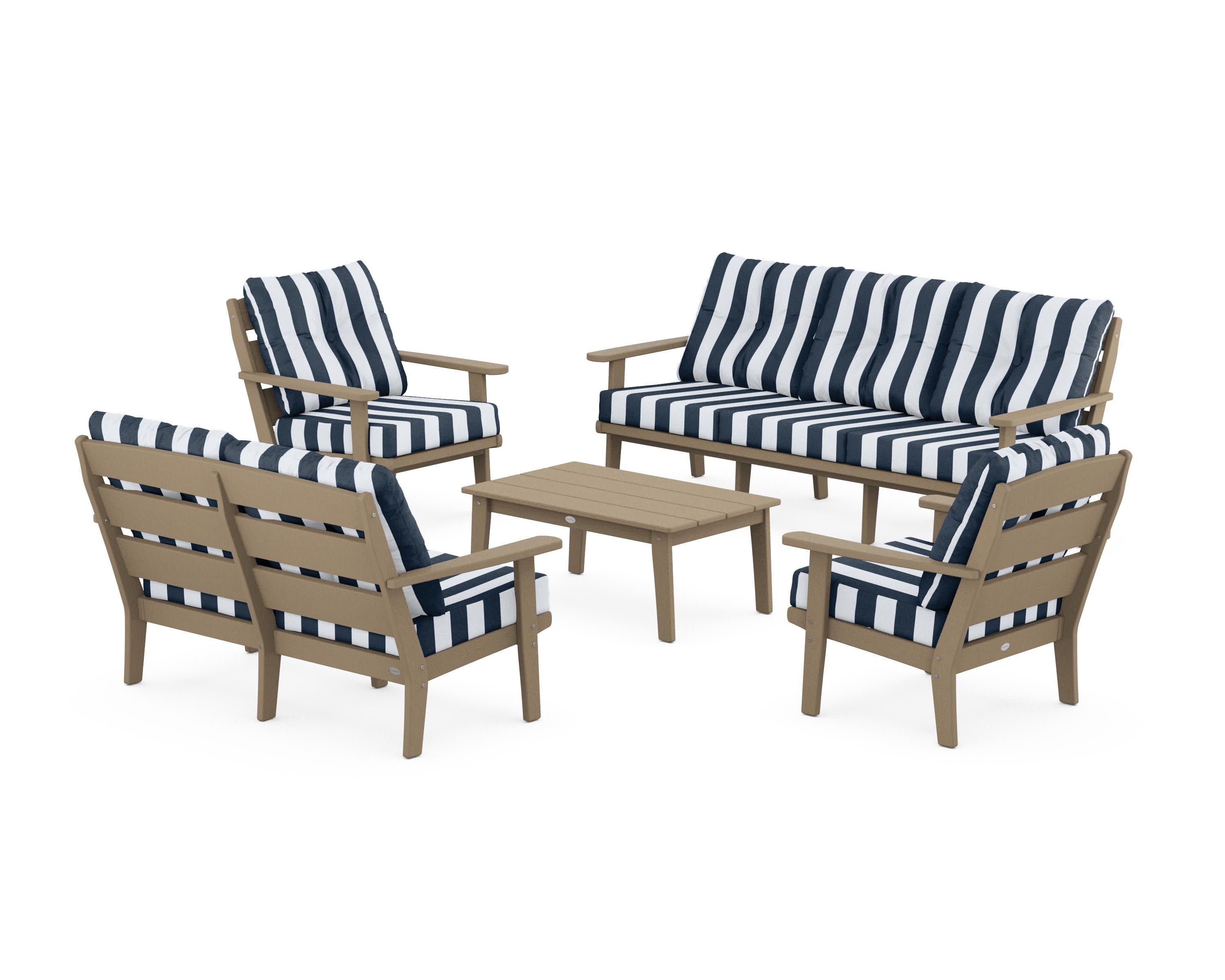 Lakeside 5-Piece Lounge Sofa Set in Vintage Sahara / Cabana Stripe Marine Indigo