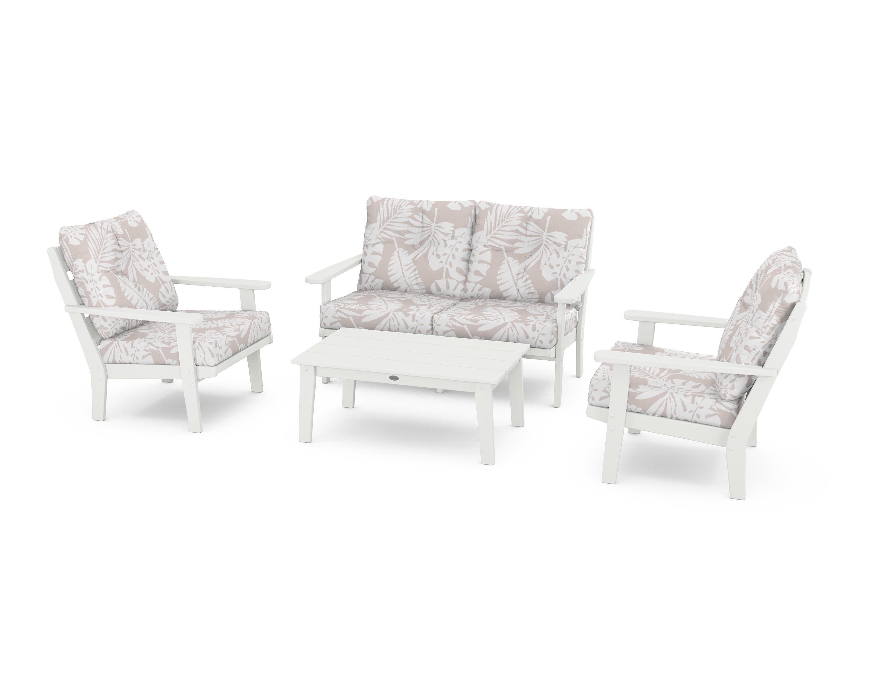 Lakeside 4-Piece Deep Seating Set in Vintage White / Leaf Dune Burlap