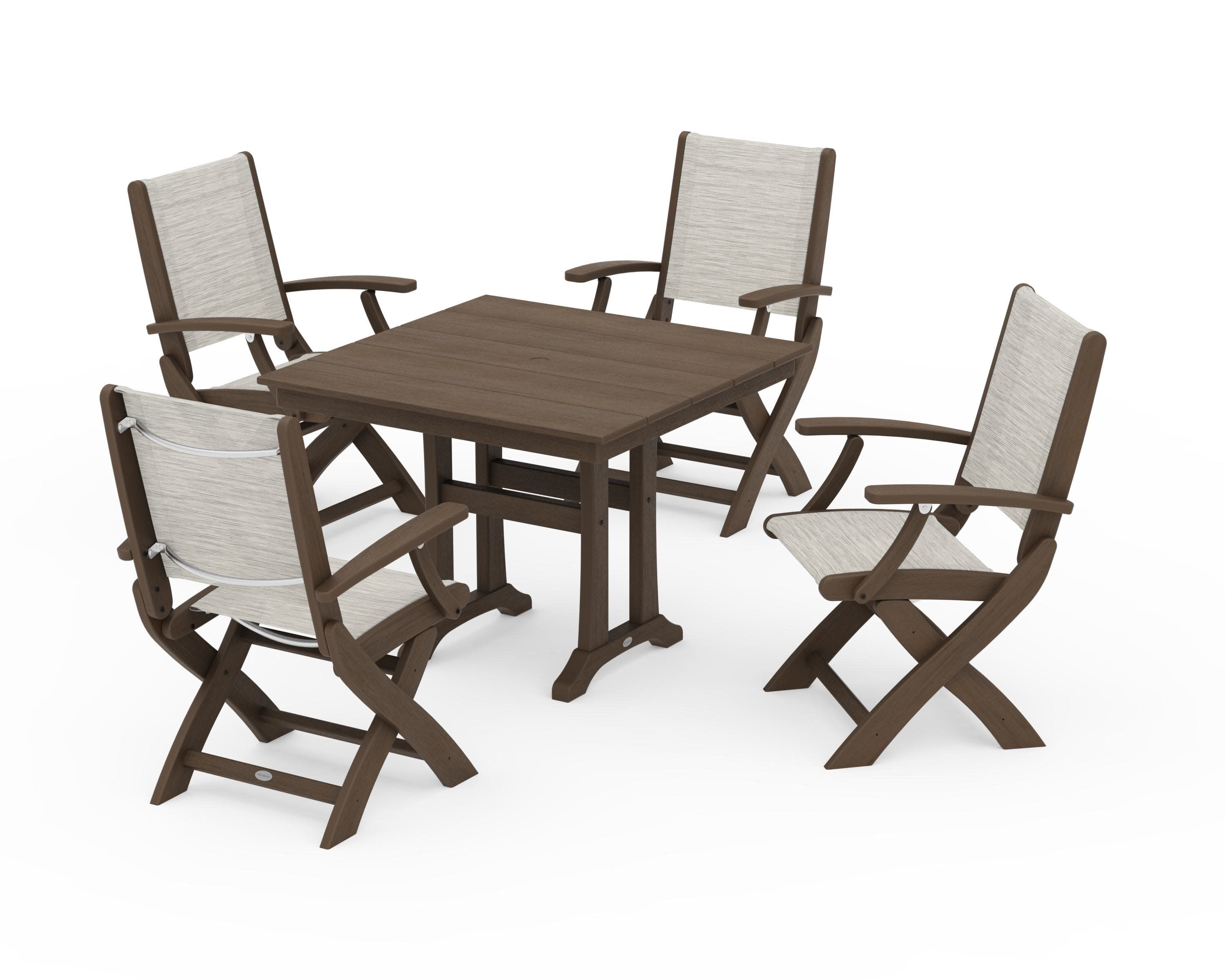 Coastal Folding Chair 5-Piece Farmhouse Dining Set With Trestle Legs in Kona / Birch Sling