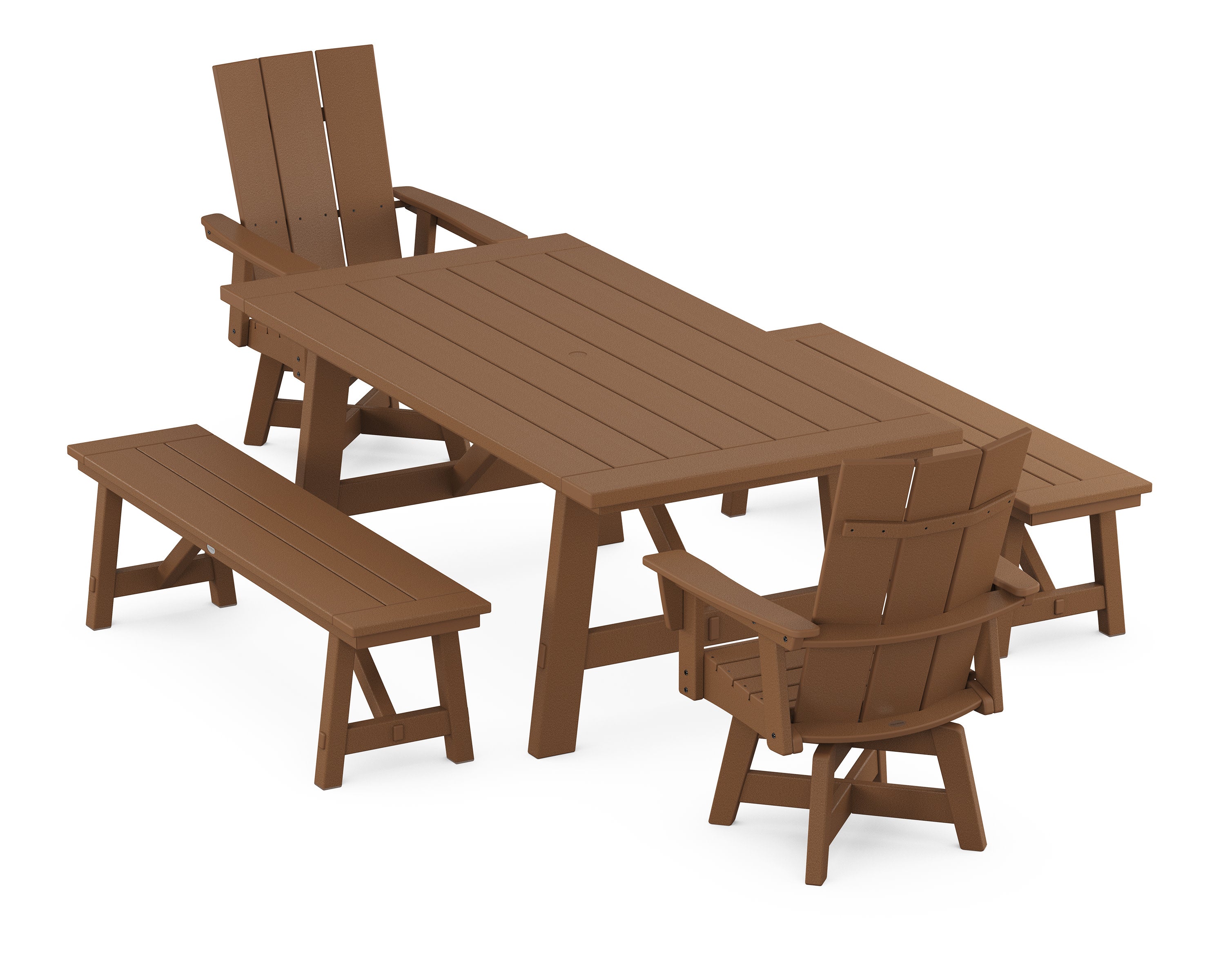 Modern Curveback Adirondack Swivel Chair 5-Piece Rustic Farmhouse Dining Set With Benches in Teak