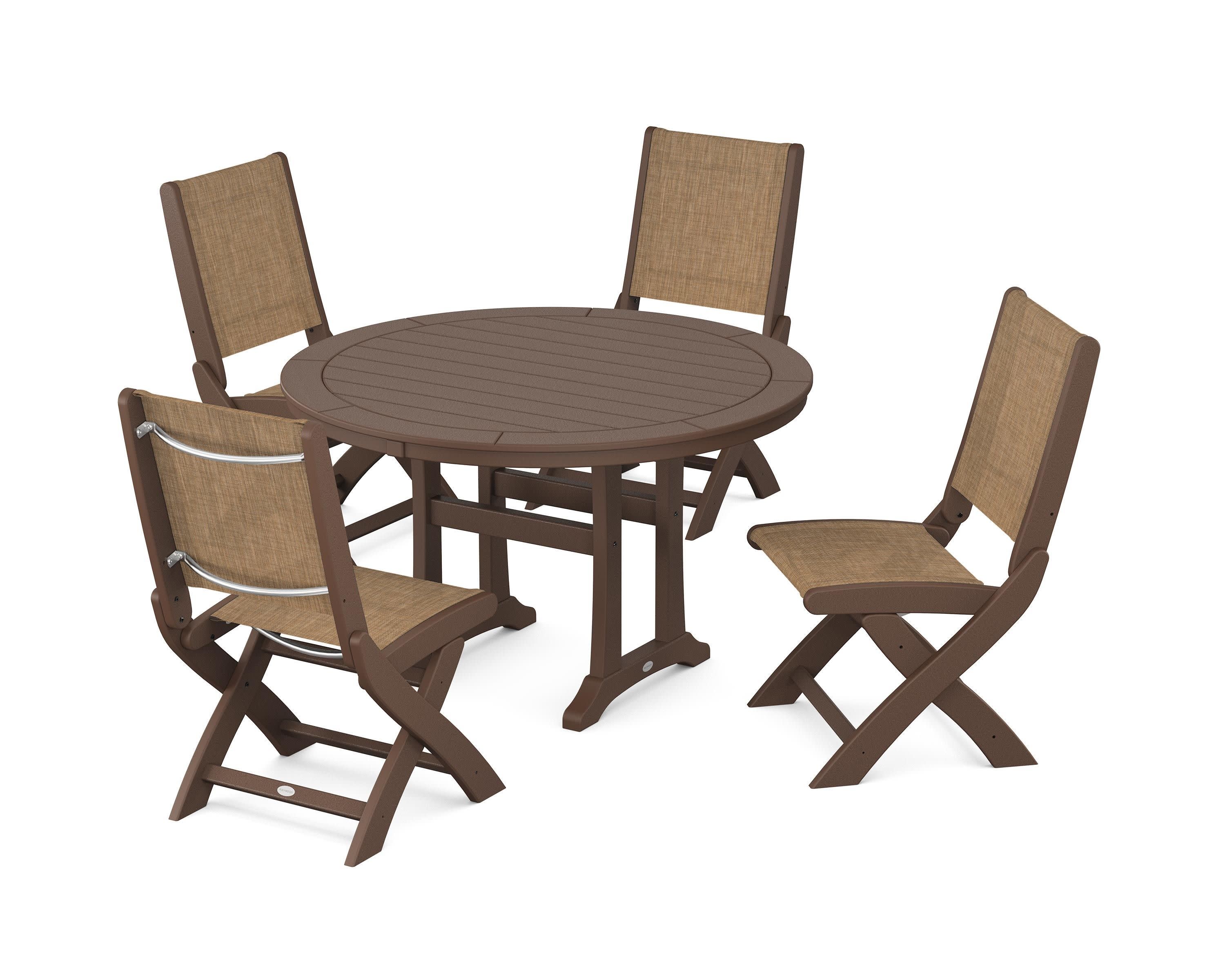 Coastal Folding Side Chair 5-Piece Round Dining Set With Trestle Legs in Mahogany / Burlap Sling