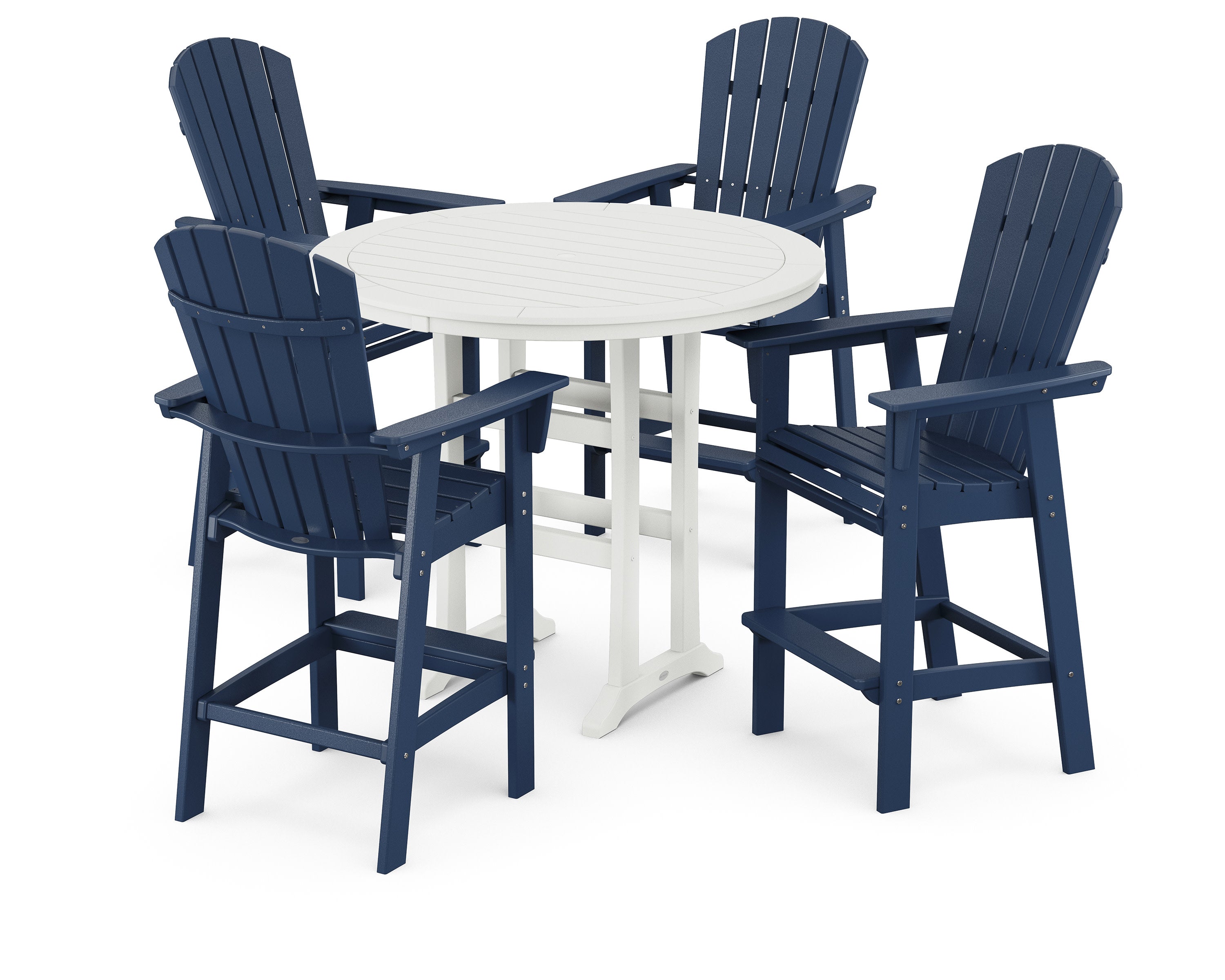 Nautical Curveback Adirondack 5-Piece Round Trestle Bar Set in Navy / White